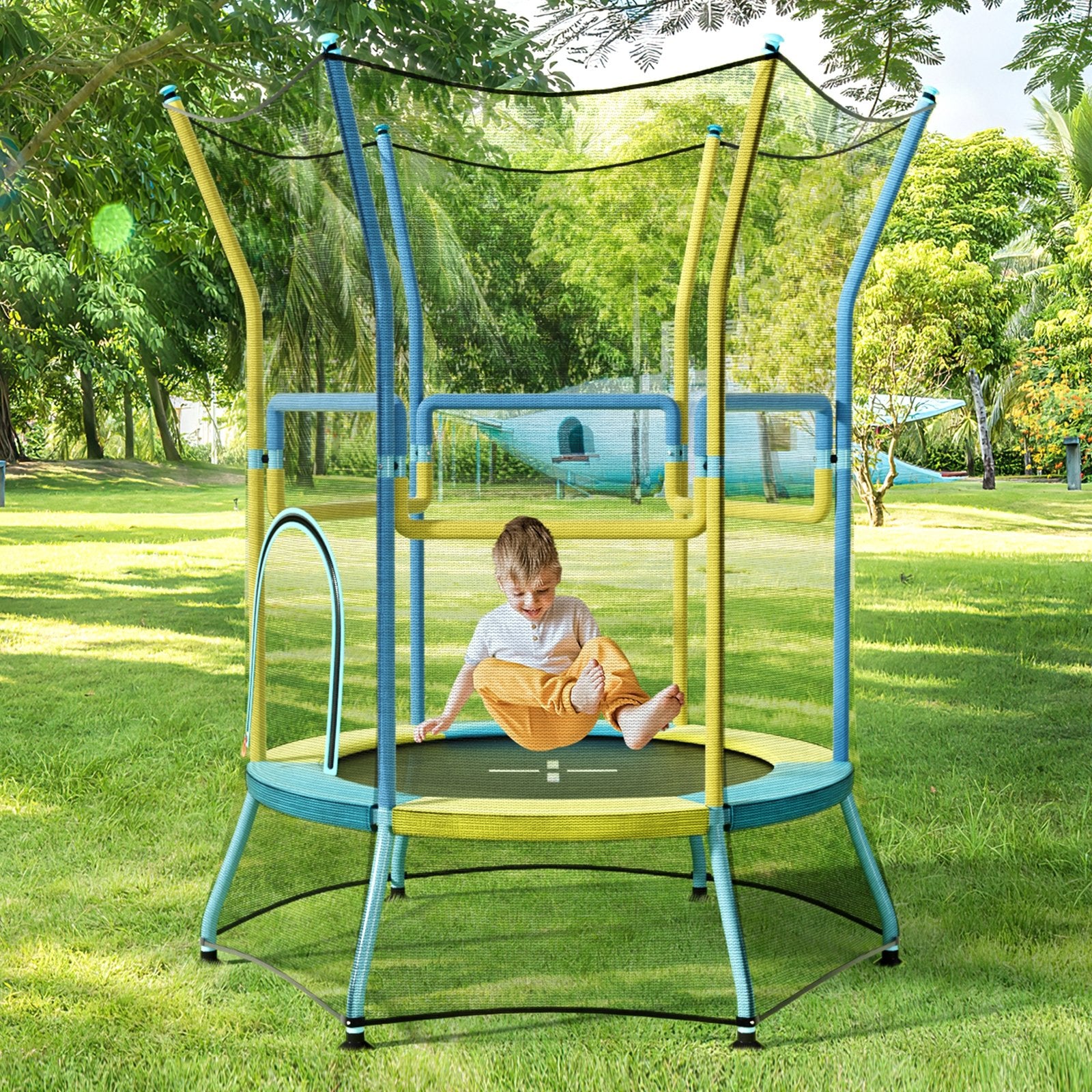 Mini Trampoline for Kids with Safety Enclosure Net and Foam Handles, Yellow Trampolines   at Gallery Canada