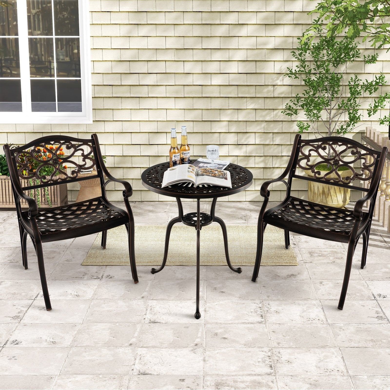 Cast Aluminum Patio Chairs Set of 2 Dining Chairs with Armrests Diamond Pattern, Bronze Patio Dining Chairs   at Gallery Canada