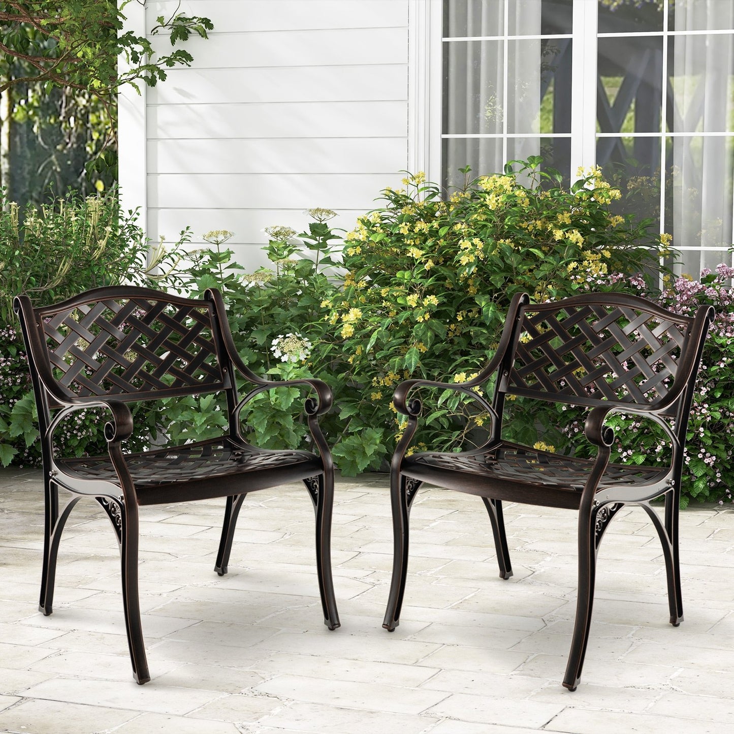 Cast Aluminum Dining Chairs Set of 2 with Patio Chairs Armrests Flower Pattern, Bronze Patio Dining Chairs   at Gallery Canada