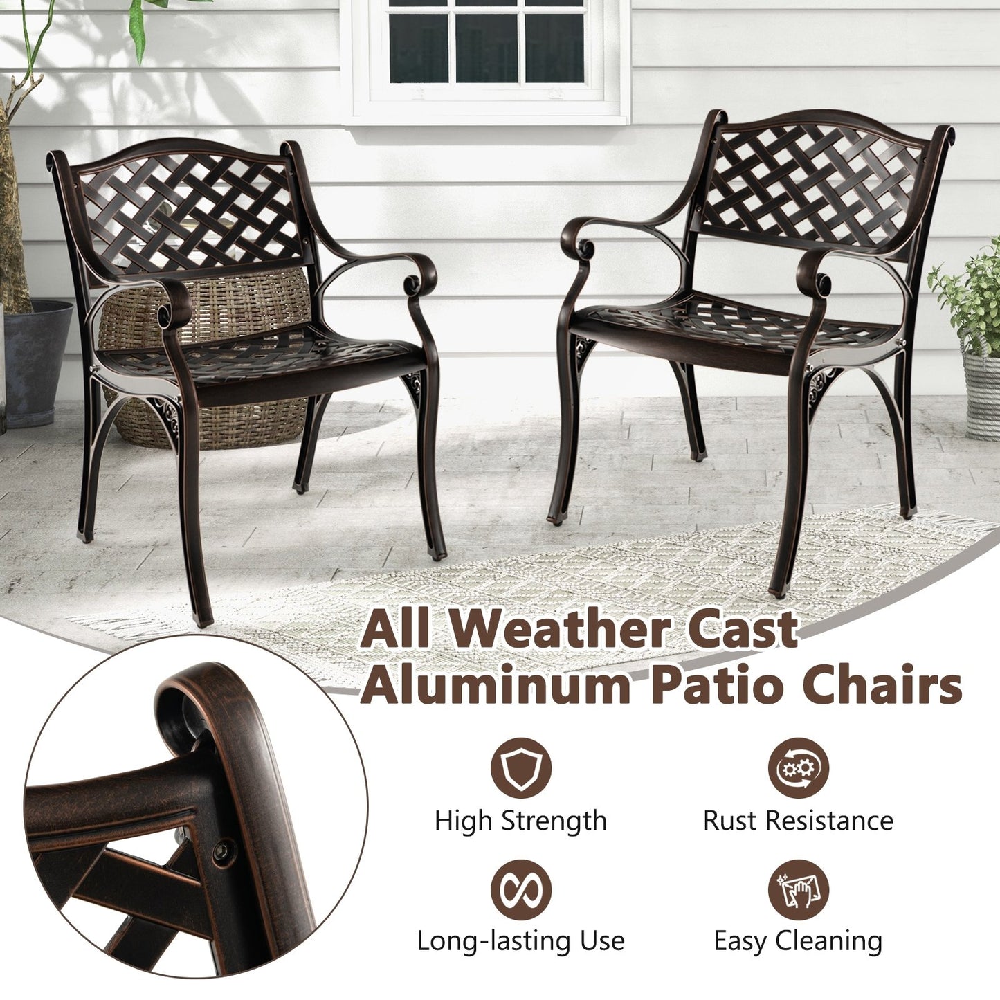 Cast Aluminum Dining Chairs Set of 2 with Patio Chairs Armrests Flower Pattern, Bronze Patio Dining Chairs   at Gallery Canada