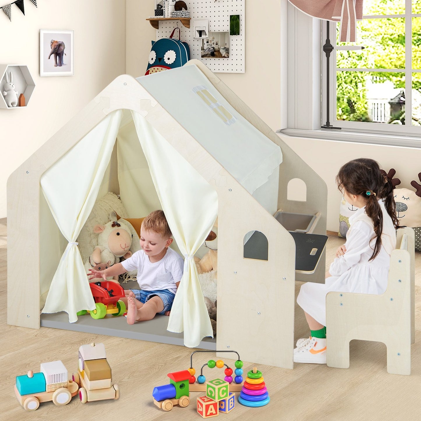 Montessori Style Indoor Playhouse with Storage Bin and Floor Mat for Toddlers Aged 2-6 Years Old, Beige Play Tents & Playhouse   at Gallery Canada