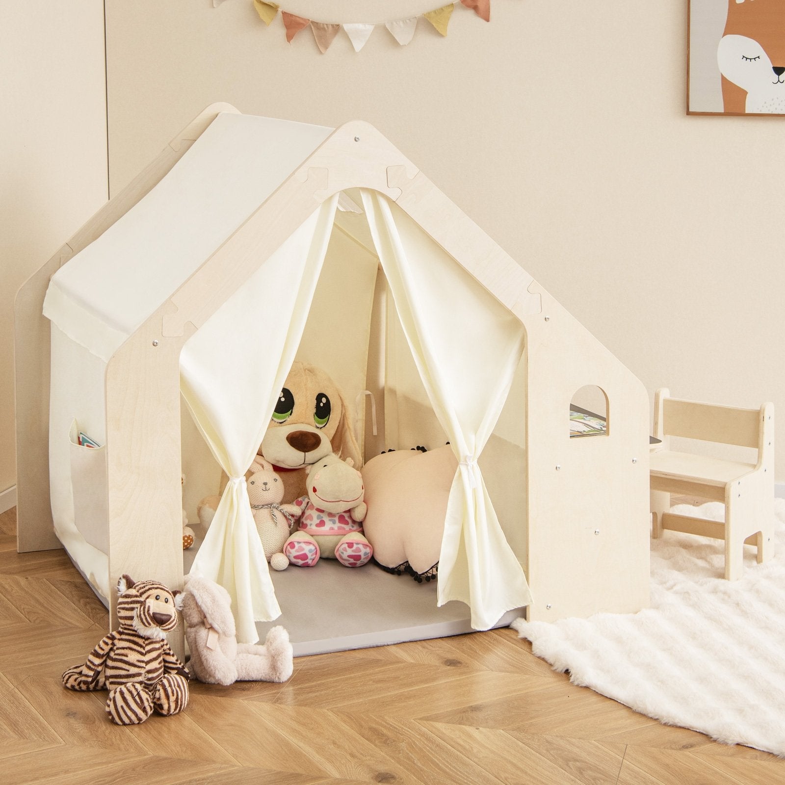 Montessori Style Indoor Playhouse with Storage Bin and Floor Mat for Toddlers Aged 2-6 Years Old, Beige Play Tents & Playhouse   at Gallery Canada