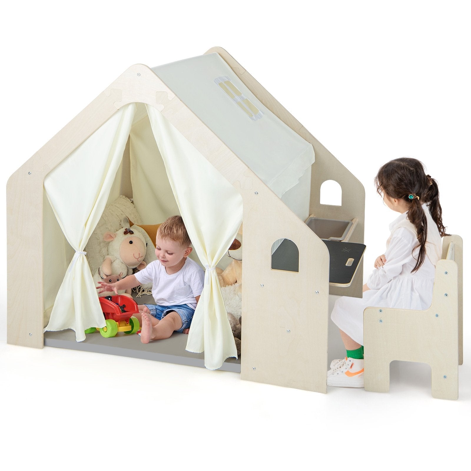 Montessori Style Indoor Playhouse with Storage Bin and Floor Mat for Toddlers Aged 2-6 Years Old, Beige Play Tents & Playhouse   at Gallery Canada