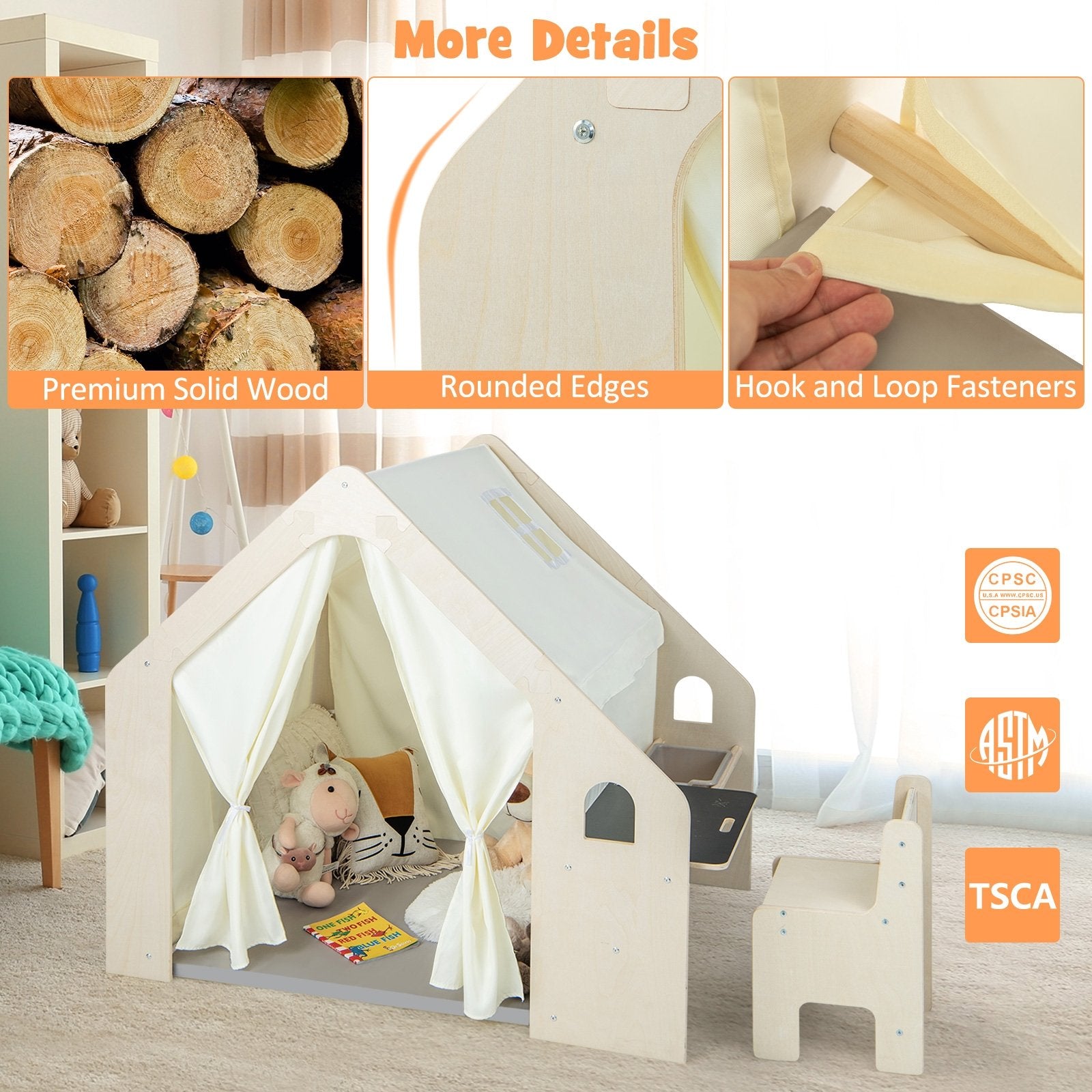 Montessori Style Indoor Playhouse with Storage Bin and Floor Mat for Toddlers Aged 2-6 Years Old, Beige Play Tents & Playhouse   at Gallery Canada