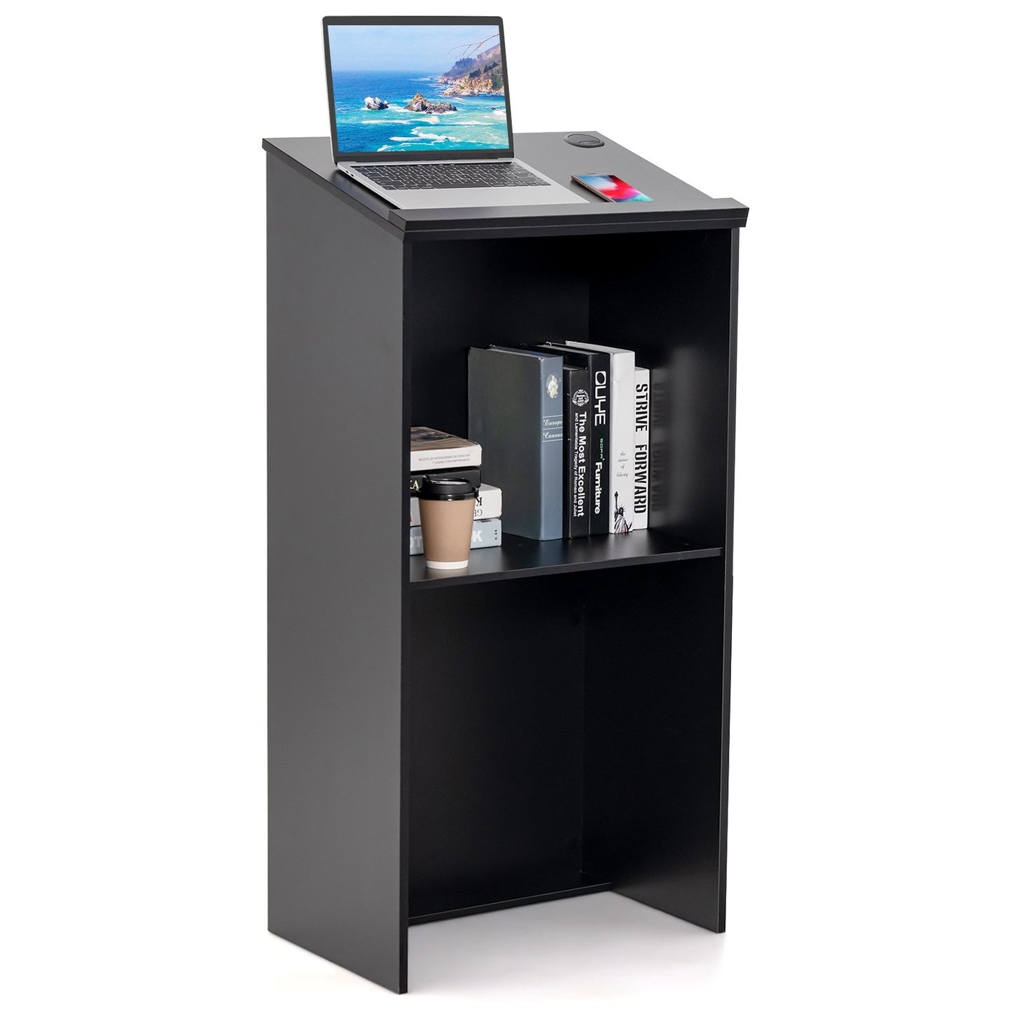 Wooden Floor Standing Podium Speaking Lectern, Black Laptop Tables & Printer Stands   at Gallery Canada