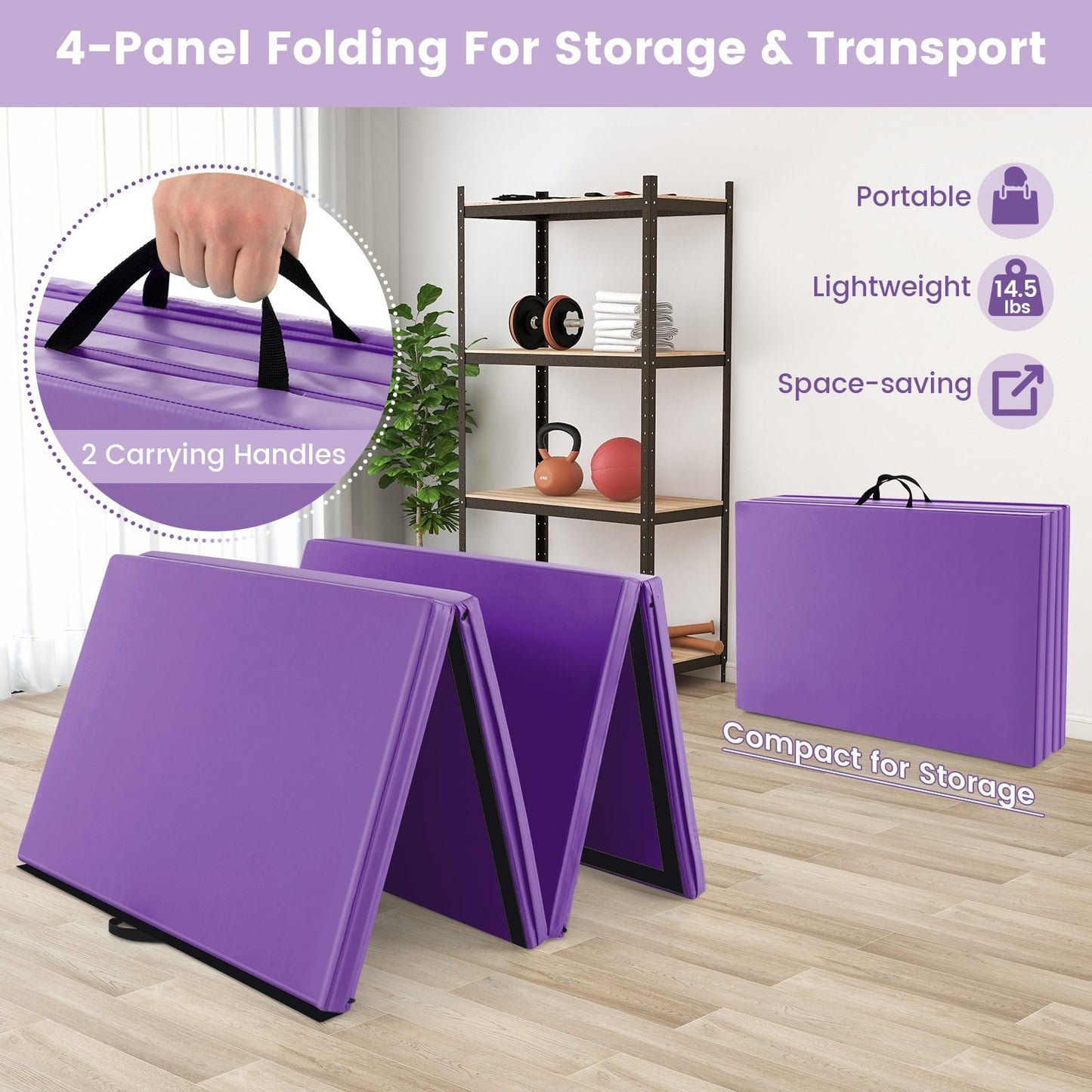 4-Panel PU Leather Folding Exercise Mat with Carrying Handles, Purple Yoga & Gym Mats   at Gallery Canada