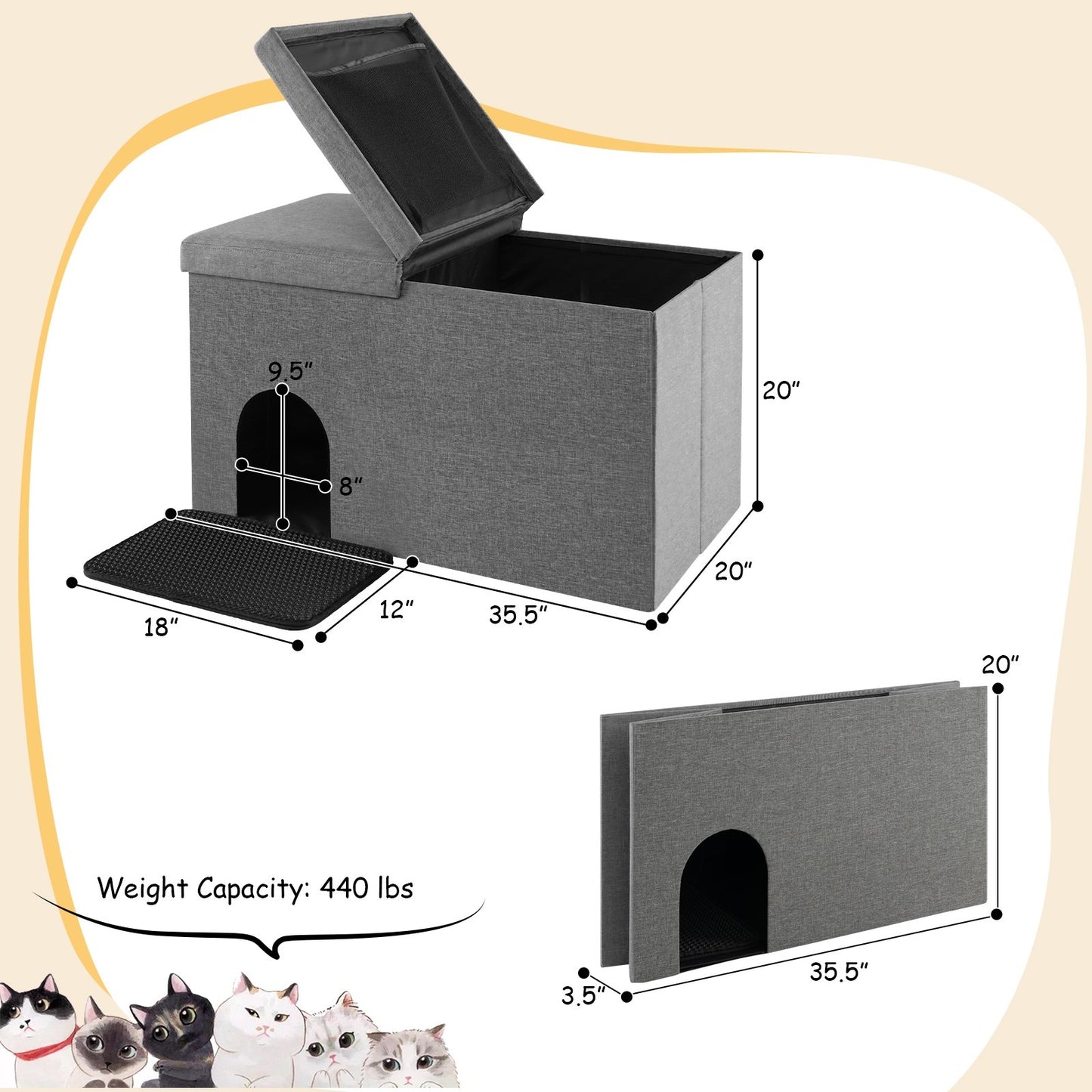 Cat Litter Box Enclosure Hidden Furniture with Urine Proof Litter Mat, Gray - Gallery Canada