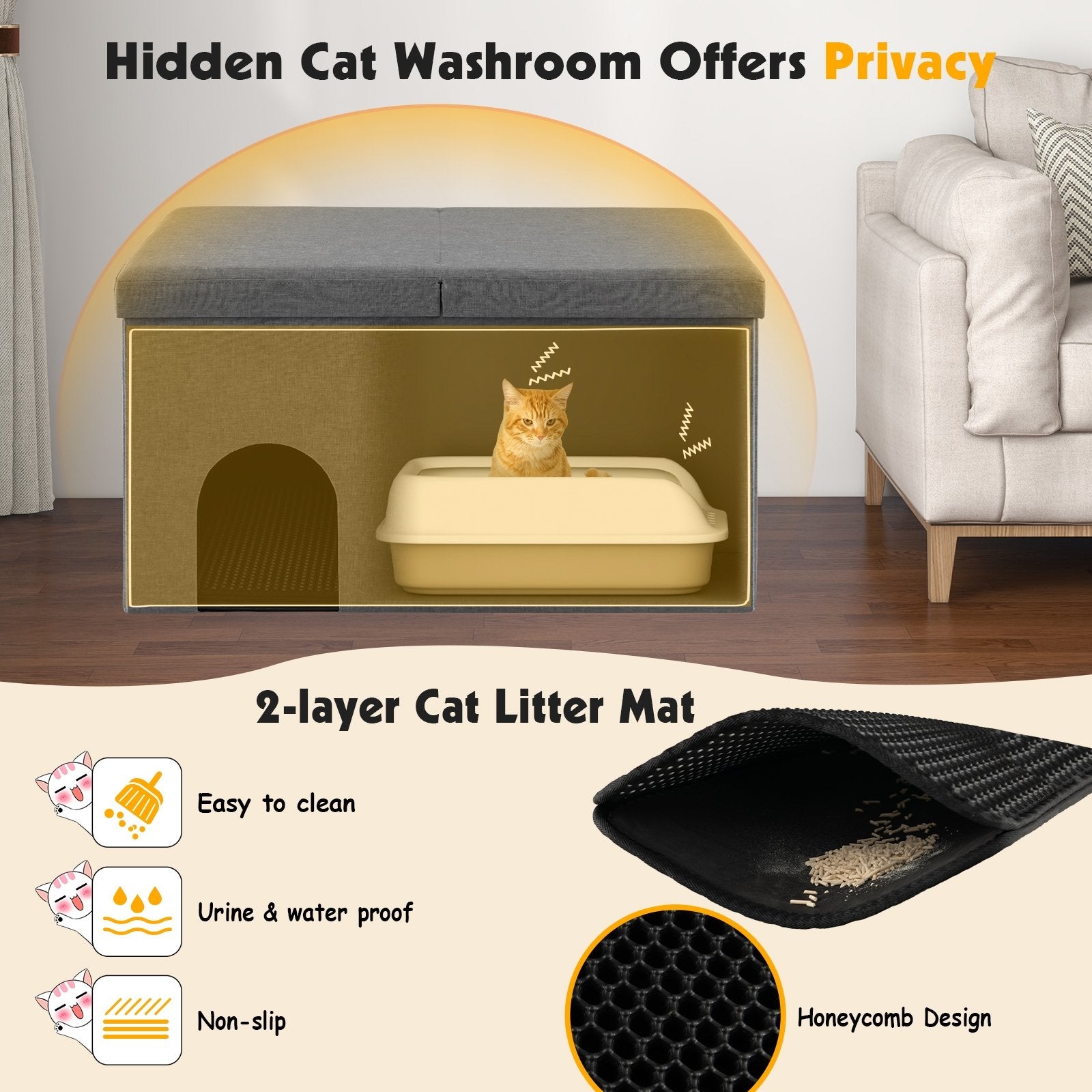 Cat Litter Box Enclosure Hidden Furniture with Urine Proof Litter Mat, Gray - Gallery Canada