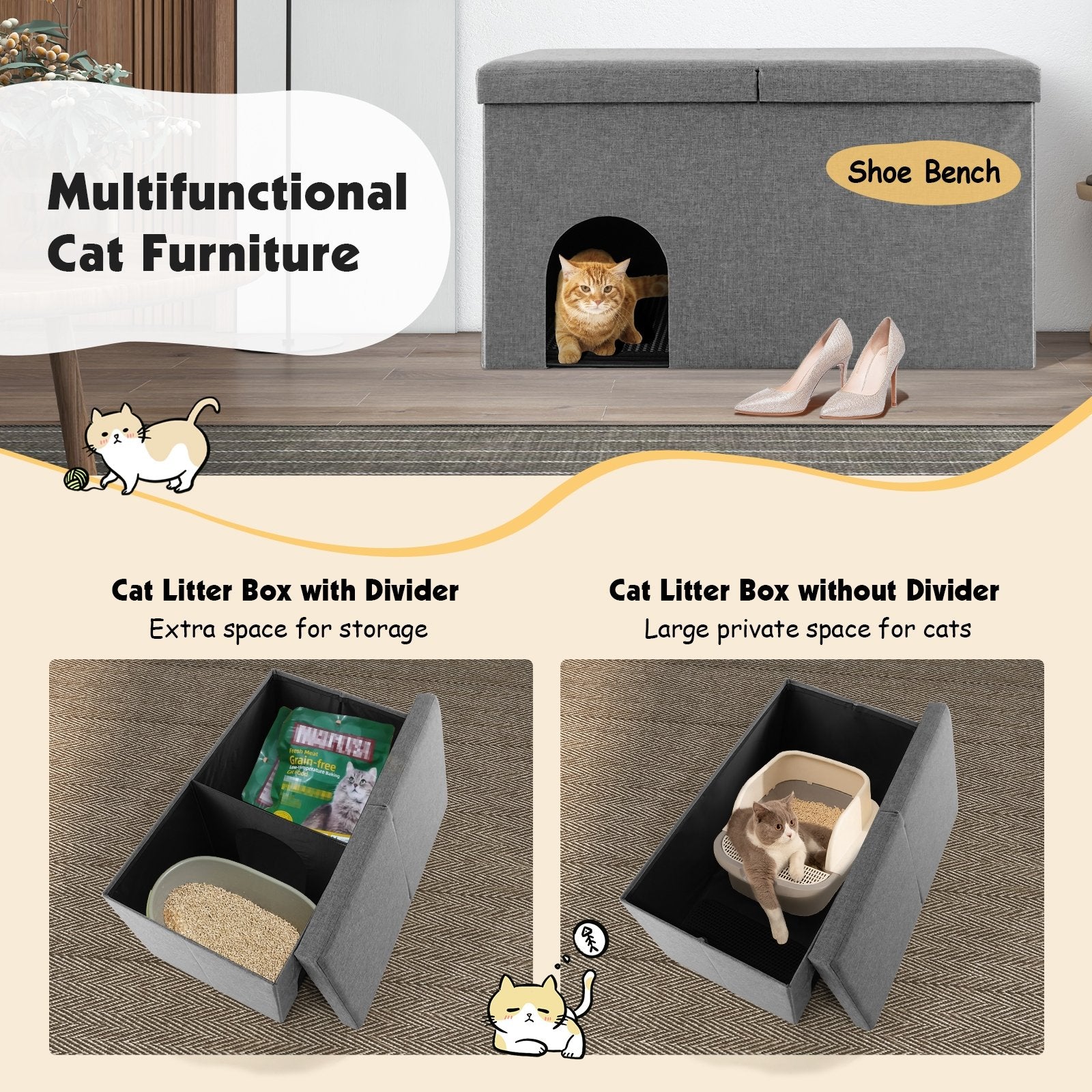 Cat Litter Box Enclosure Hidden Furniture with Urine Proof Litter Mat, Gray Cat Houses   at Gallery Canada