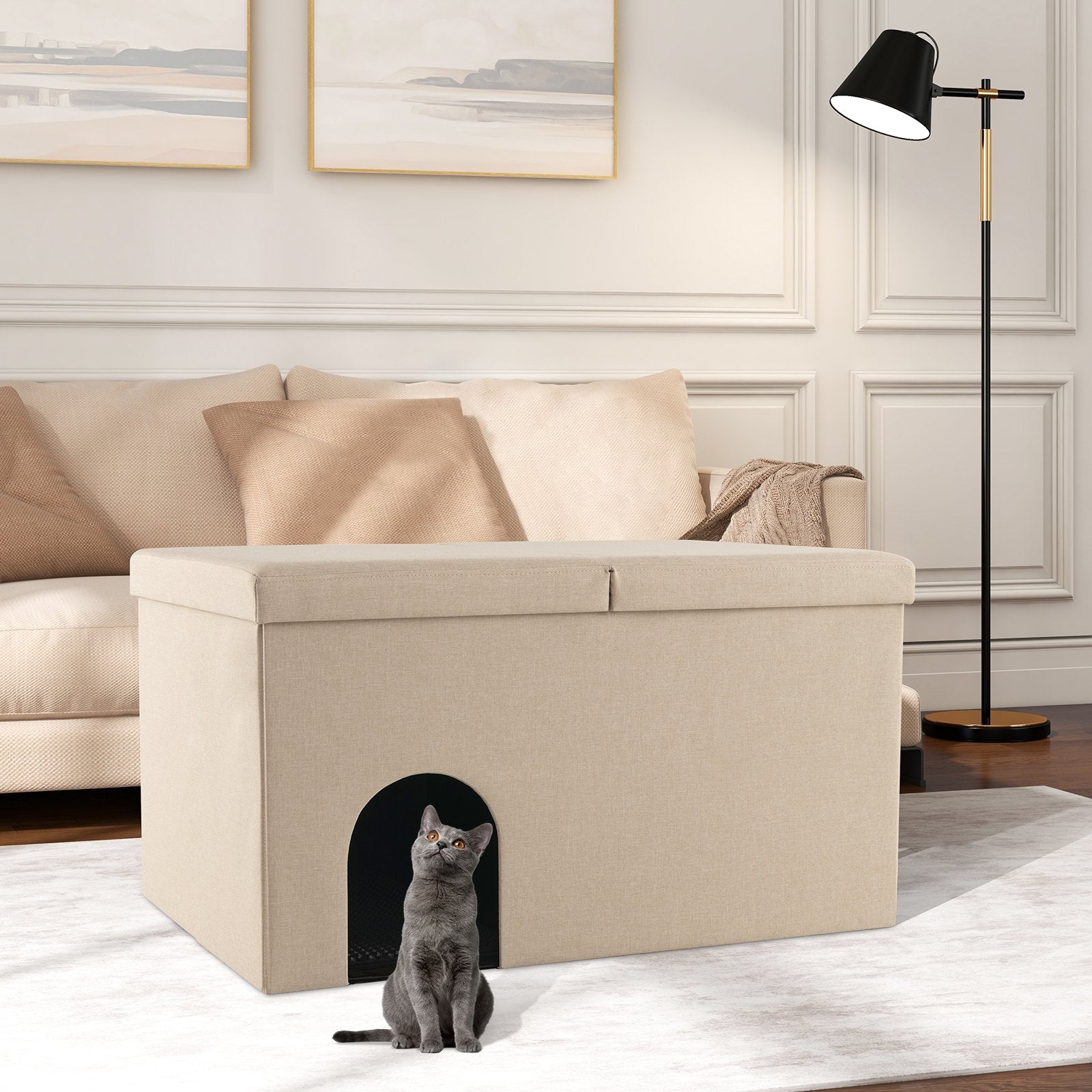 Cat Litter Box Enclosure Hidden Furniture with Urine Proof Litter Mat, Beige Cat Houses   at Gallery Canada