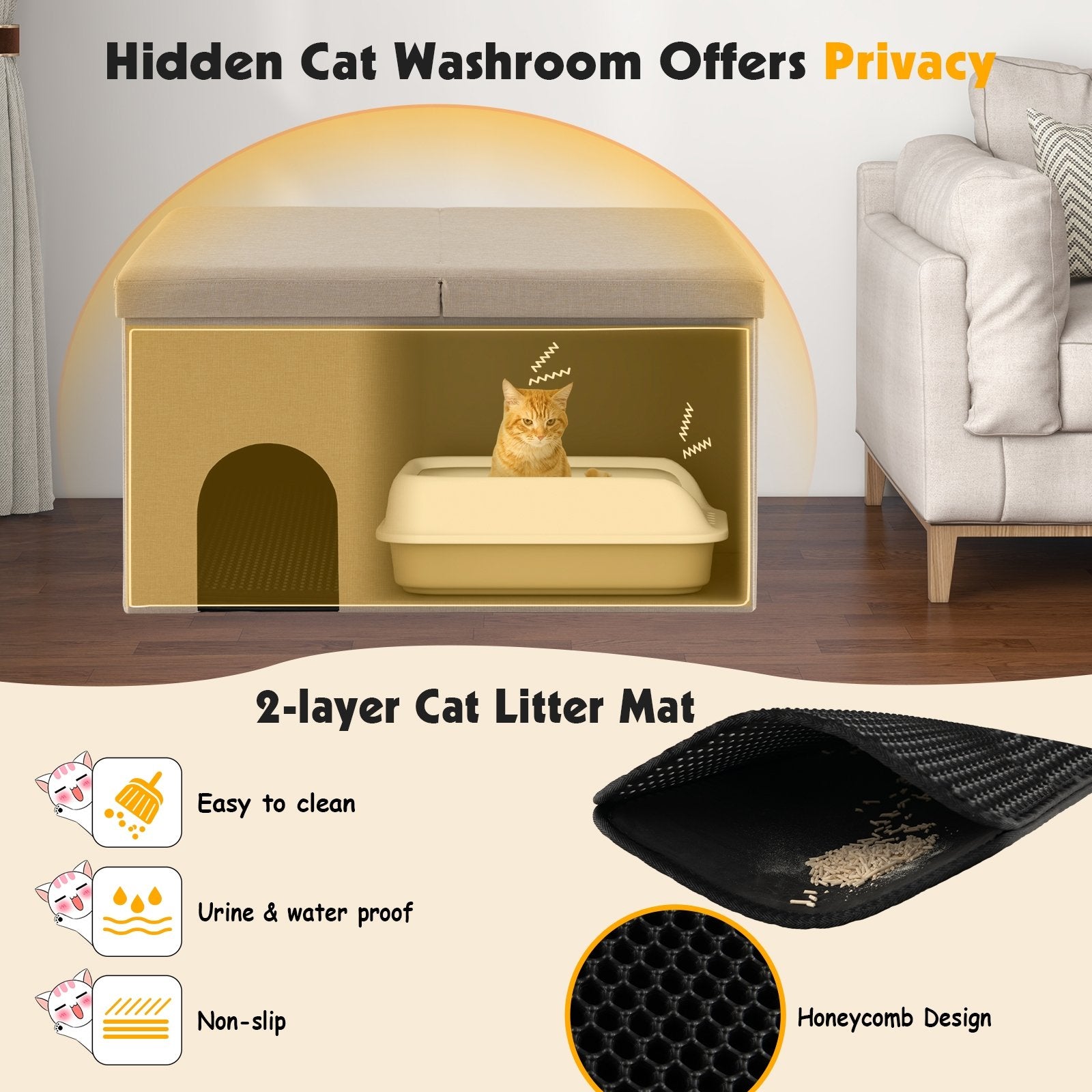 Cat Litter Box Enclosure Hidden Furniture with Urine Proof Litter Mat, Beige Cat Houses   at Gallery Canada