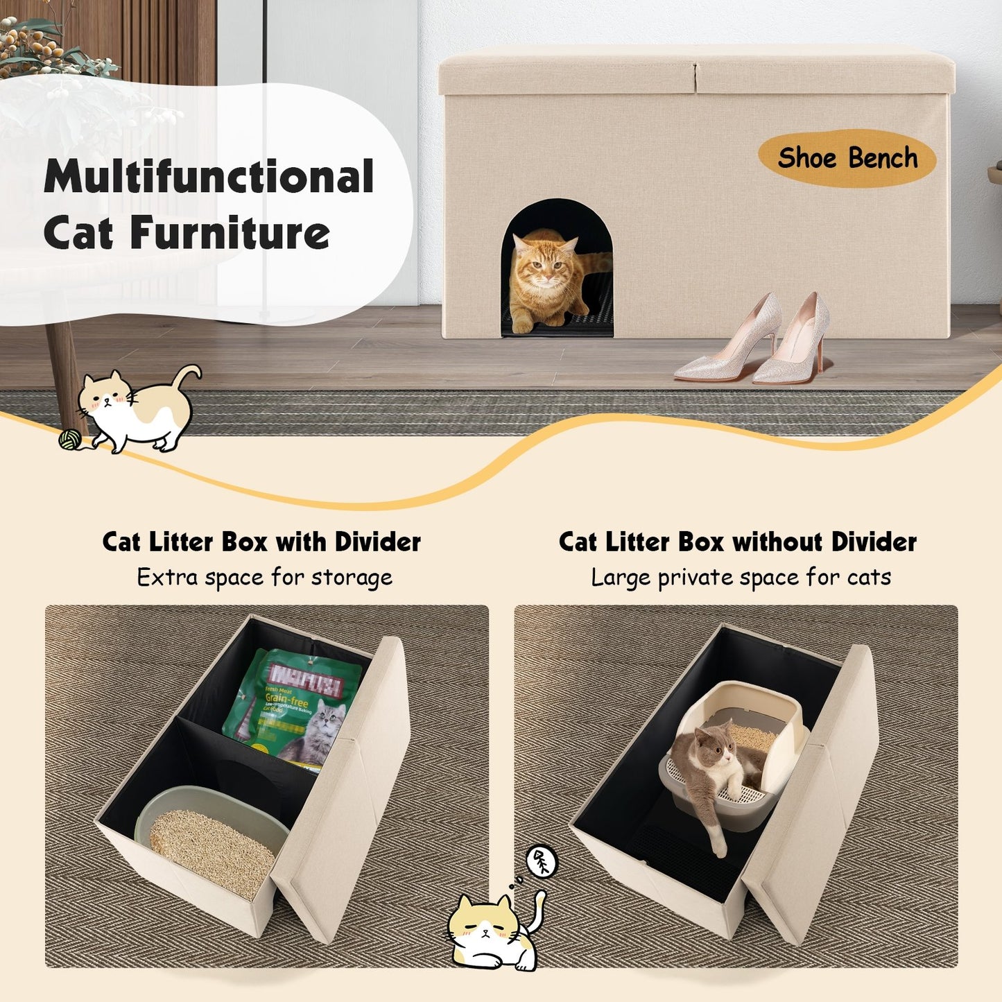 Cat Litter Box Enclosure Hidden Furniture with Urine Proof Litter Mat, Beige Cat Houses   at Gallery Canada