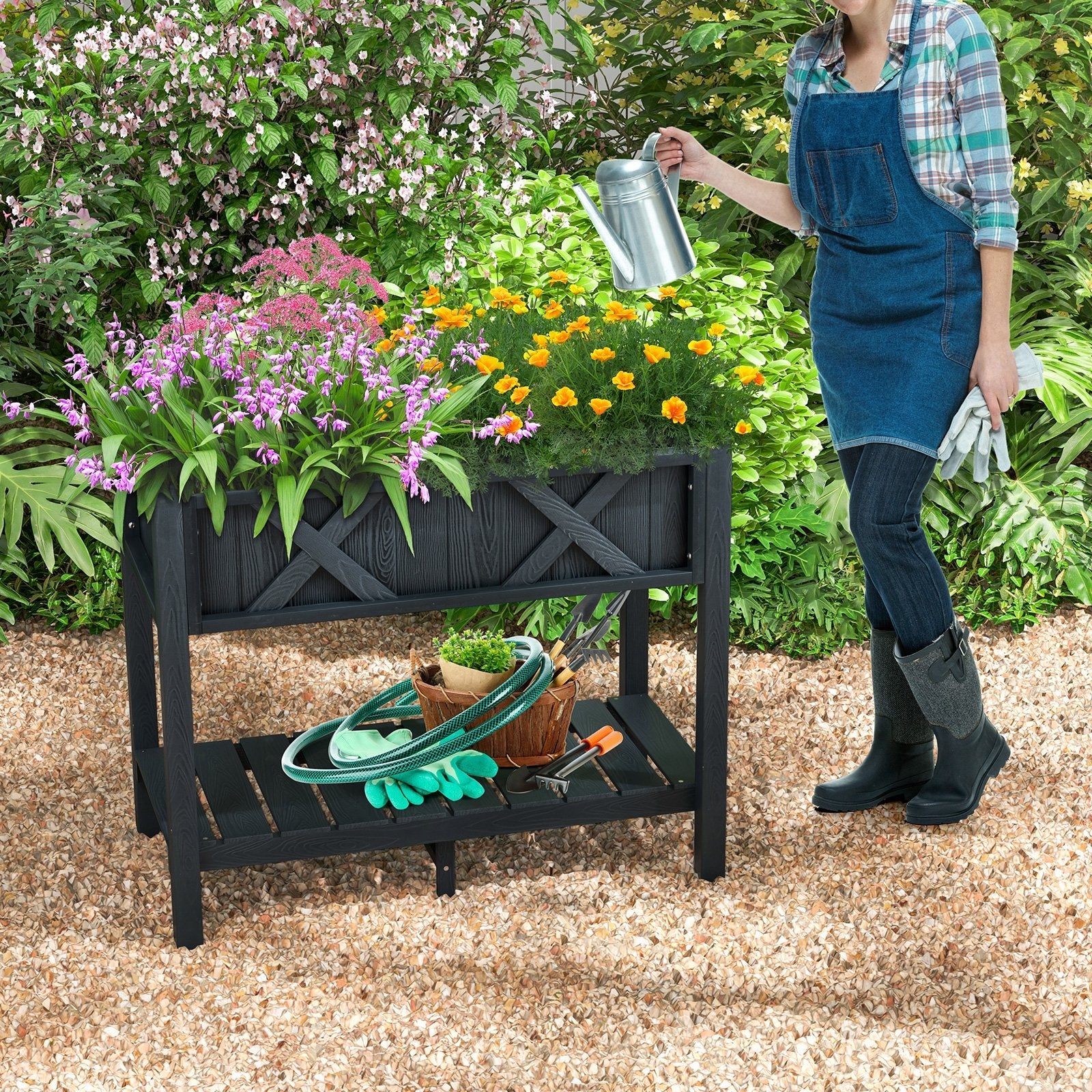 HIPS Raised Garden Bed Poly Wood Elevated Planter Box, Black Raised Garden Beds   at Gallery Canada