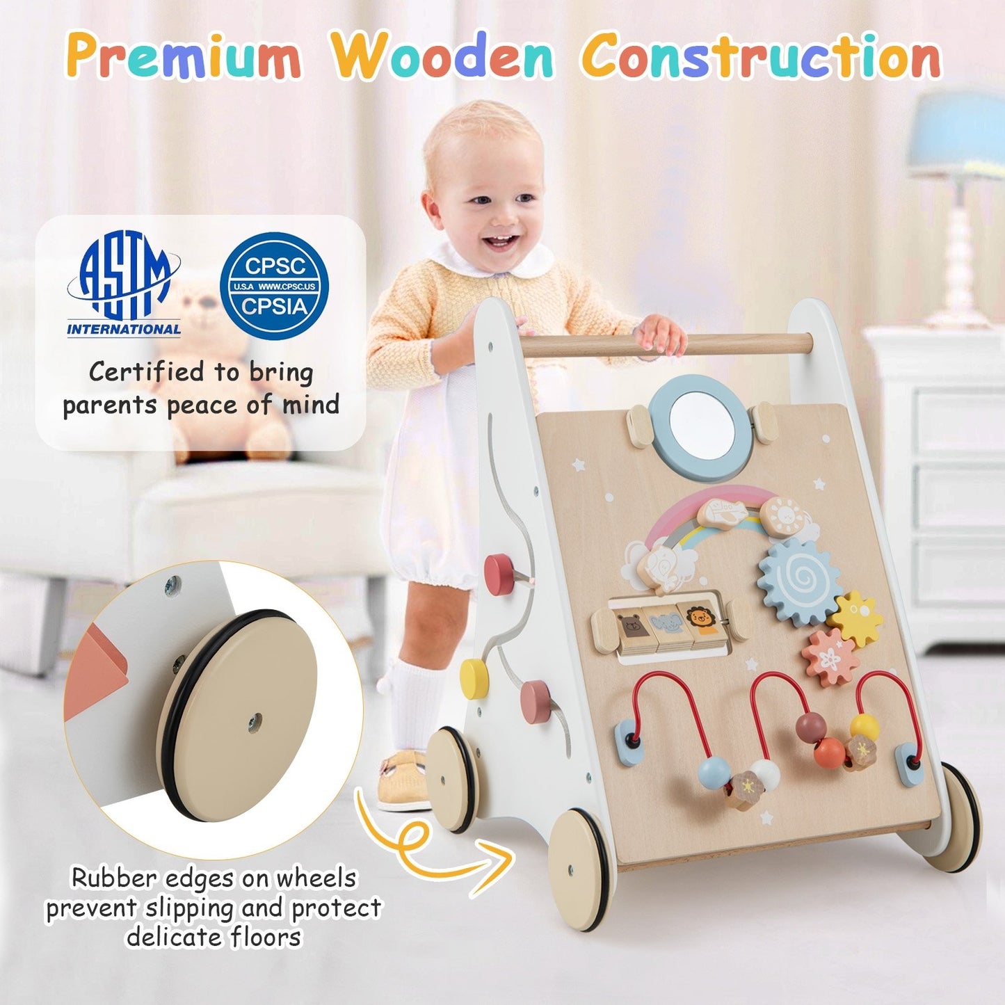 Wooden Baby Walker with Multiple Activities Center for Over 1 Year Old, White Baby Walkers   at Gallery Canada