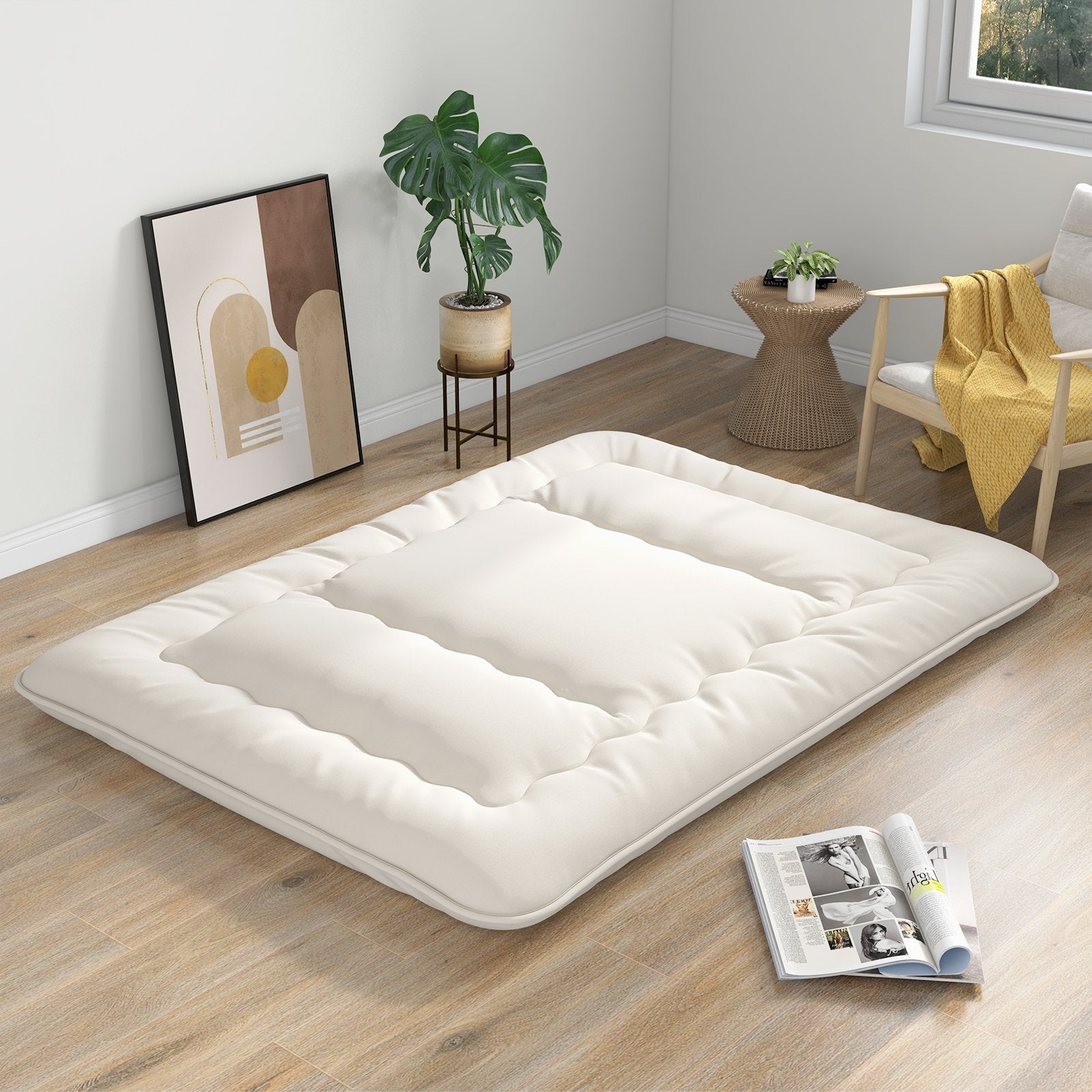 Queen/King/Twin/Full Futon Mattress Floor Sleeping Pad with Washable Cover Beige-Queen Size, Beige Mattresses   at Gallery Canada