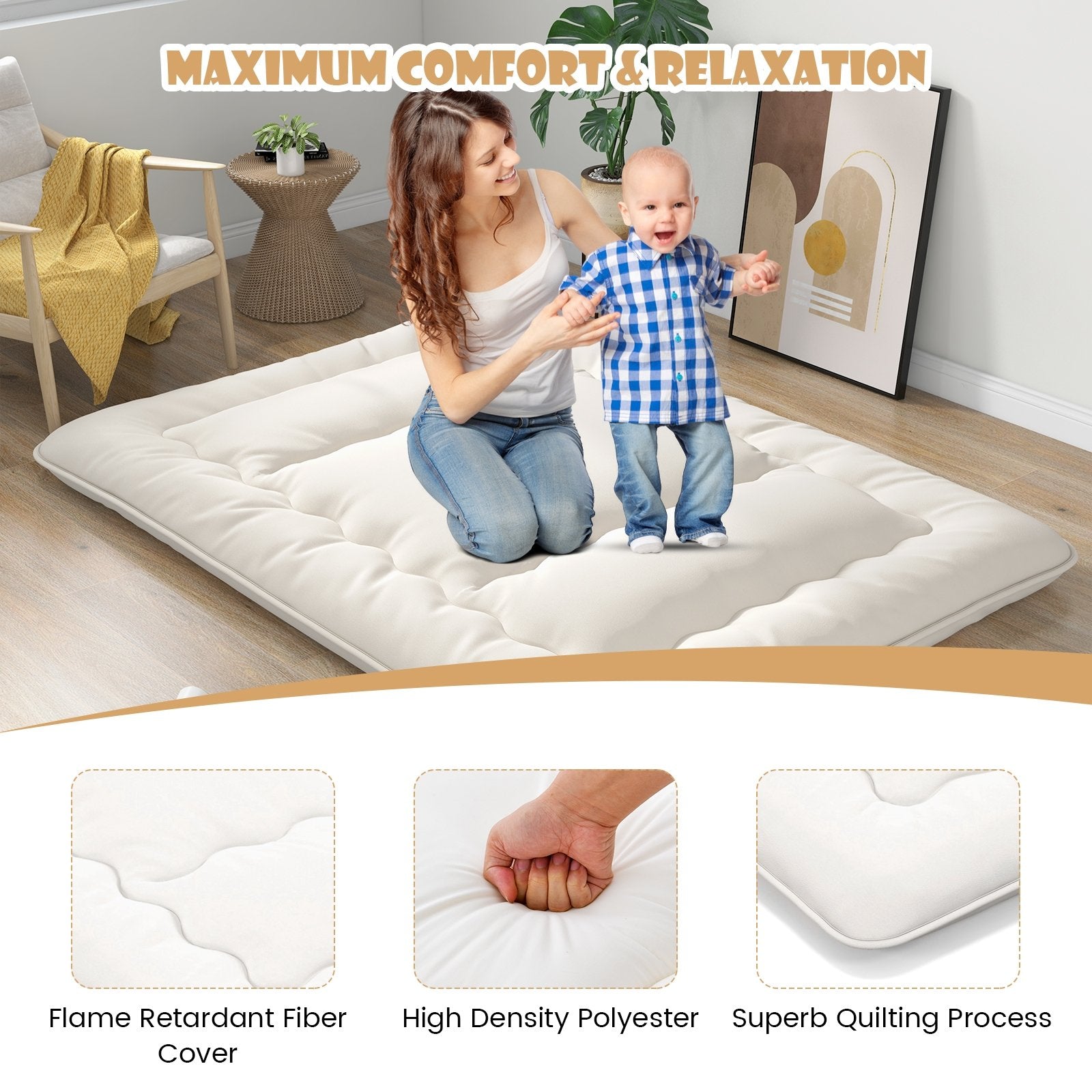 Queen/King/Twin/Full Futon Mattress Floor Sleeping Pad with Washable Cover Beige-Queen Size, Beige Mattresses   at Gallery Canada