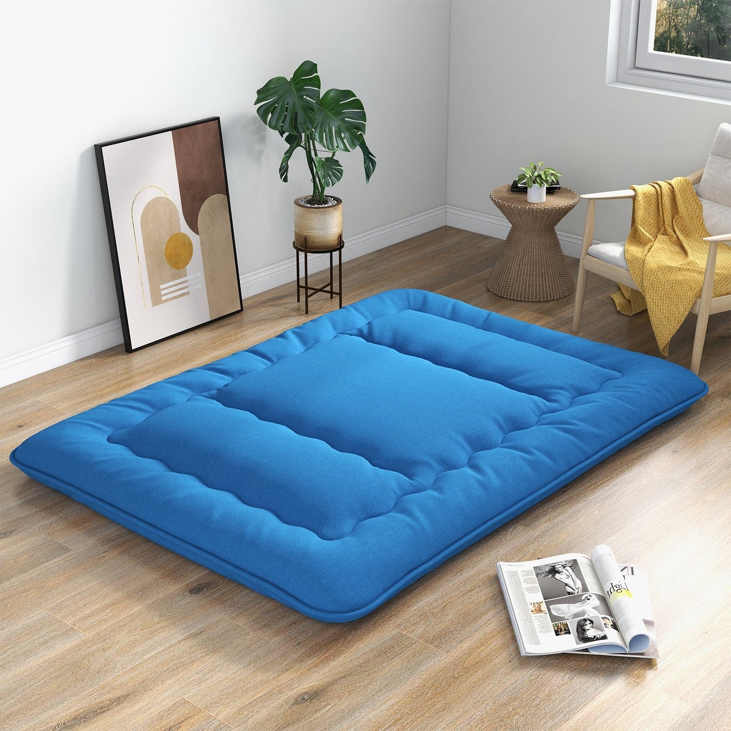 Foldable Futon Mattress with Washable Cover and Carry Bag for Camping Blue-Queen Size, Blue Mattresses   at Gallery Canada