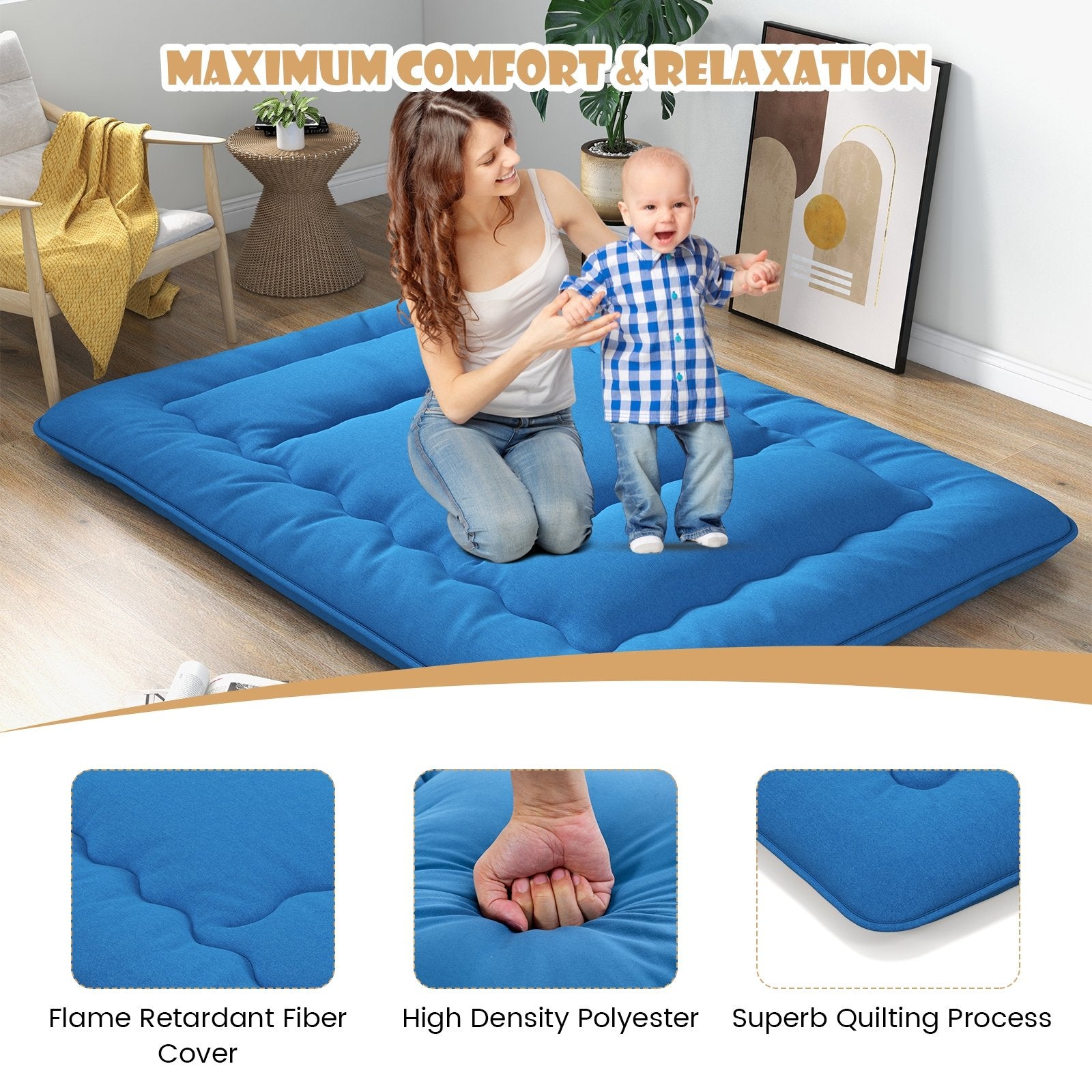 Foldable Futon Mattress with Washable Cover and Carry Bag for Camping Blue-Queen Size, Blue Mattresses   at Gallery Canada