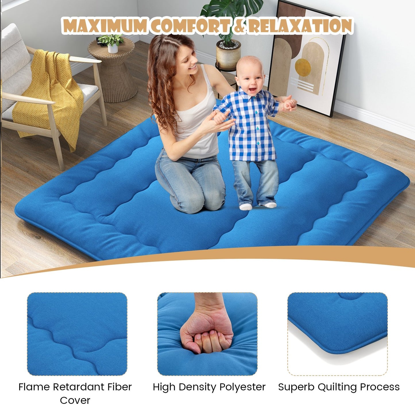 Foldable Futon Mattress with Washable Cover and Carry Bag for Camping Blue-King Size, Blue Mattresses   at Gallery Canada