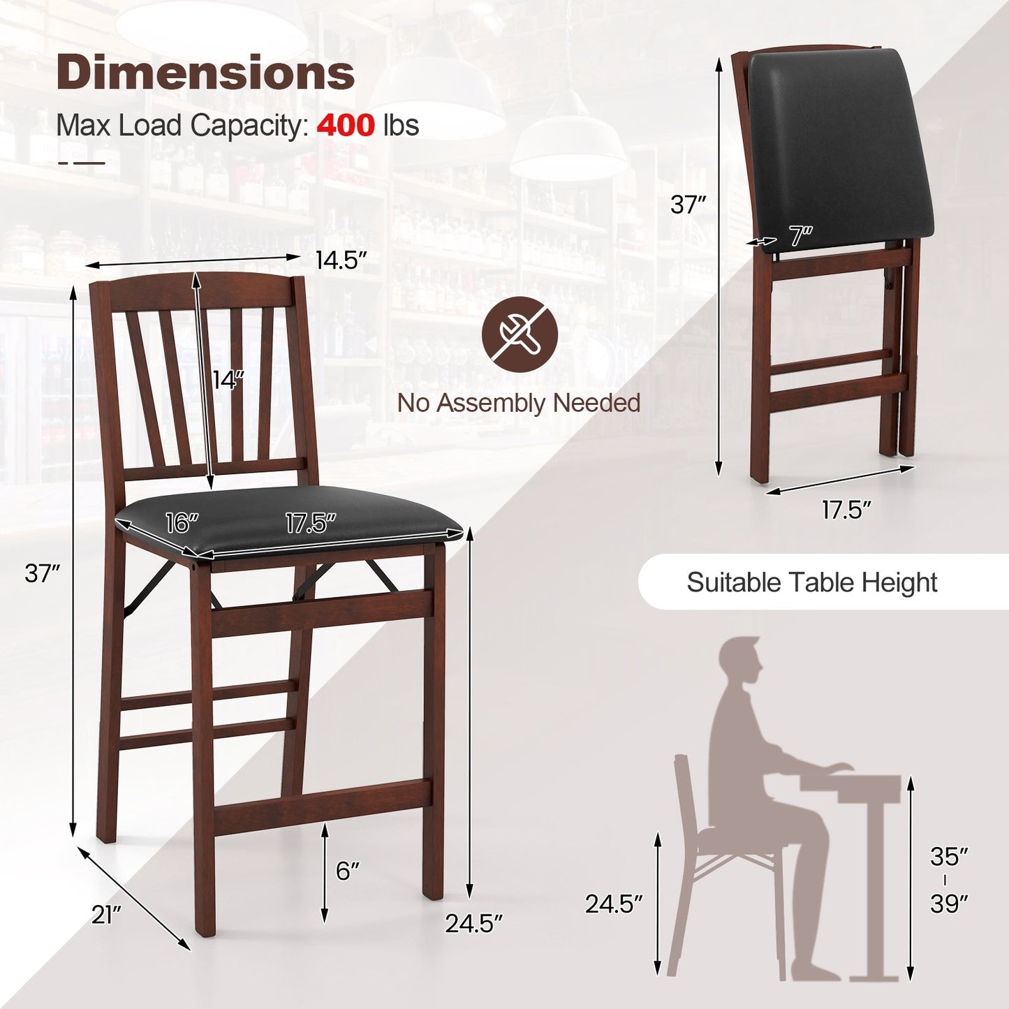 Set of 2 Counter Height Chairs Folding Kitchen Island Stool with Padded Seat, Brown Bar Stools   at Gallery Canada