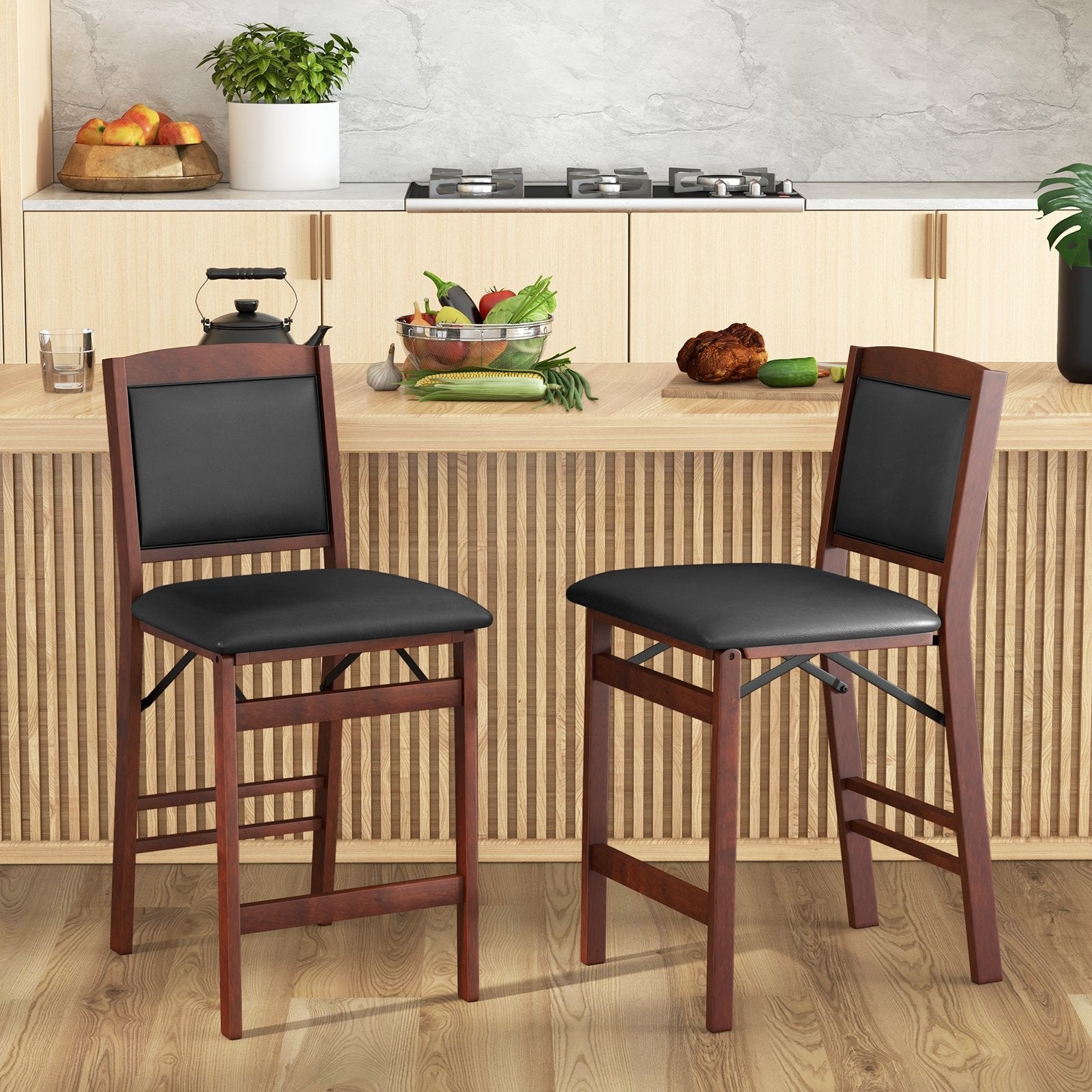 Set of 2 Folding Kitchen Island Stool with Rubber Wood Legs, Brown Bar Stools   at Gallery Canada