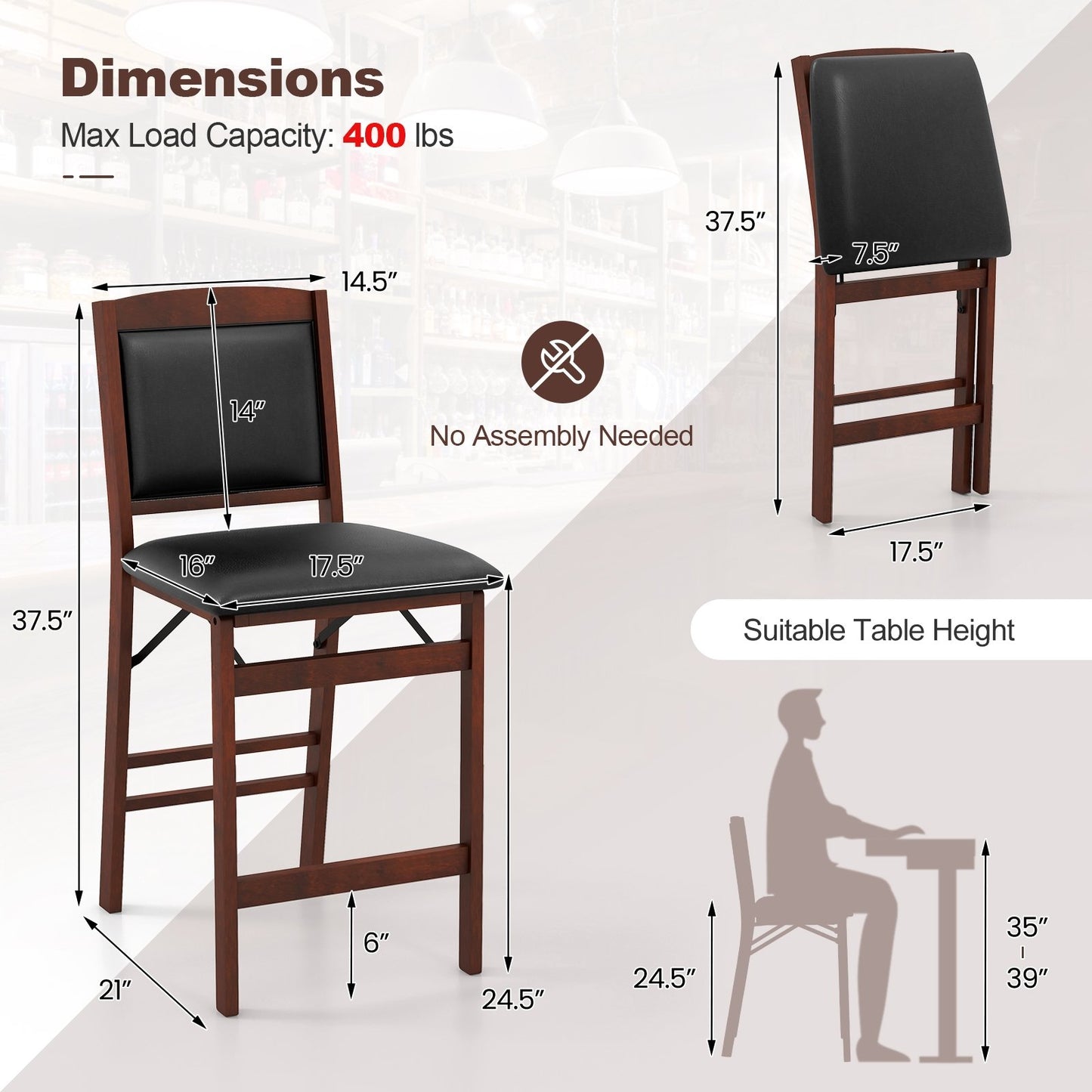 Set of 2 Folding Kitchen Island Stool with Rubber Wood Legs, Brown Bar Stools   at Gallery Canada