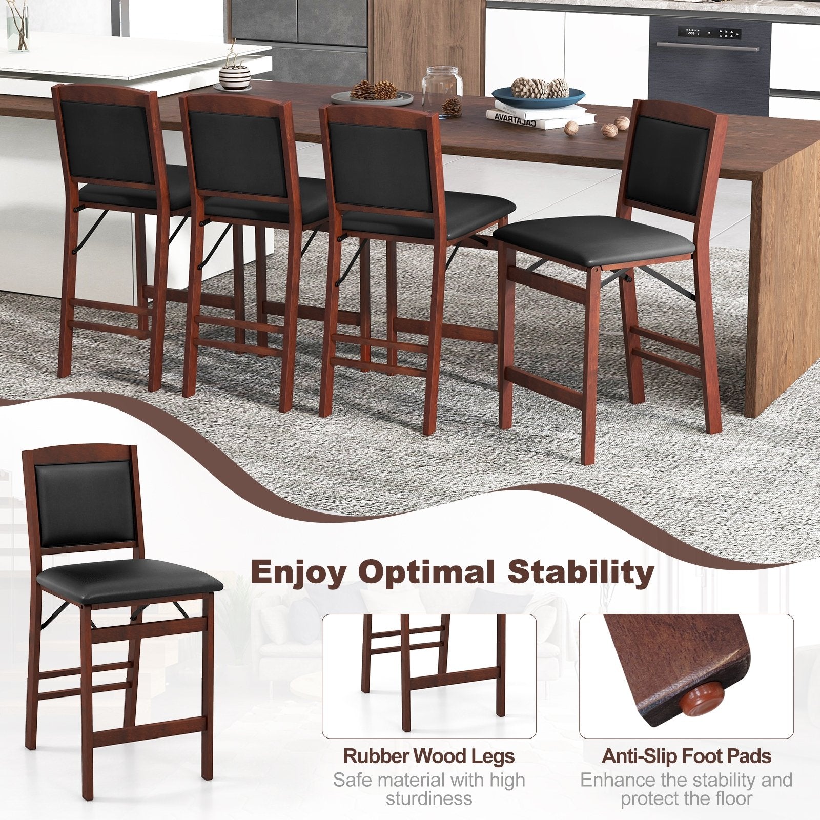 Set of 2 Folding Kitchen Island Stool with Rubber Wood Legs, Brown Bar Stools   at Gallery Canada