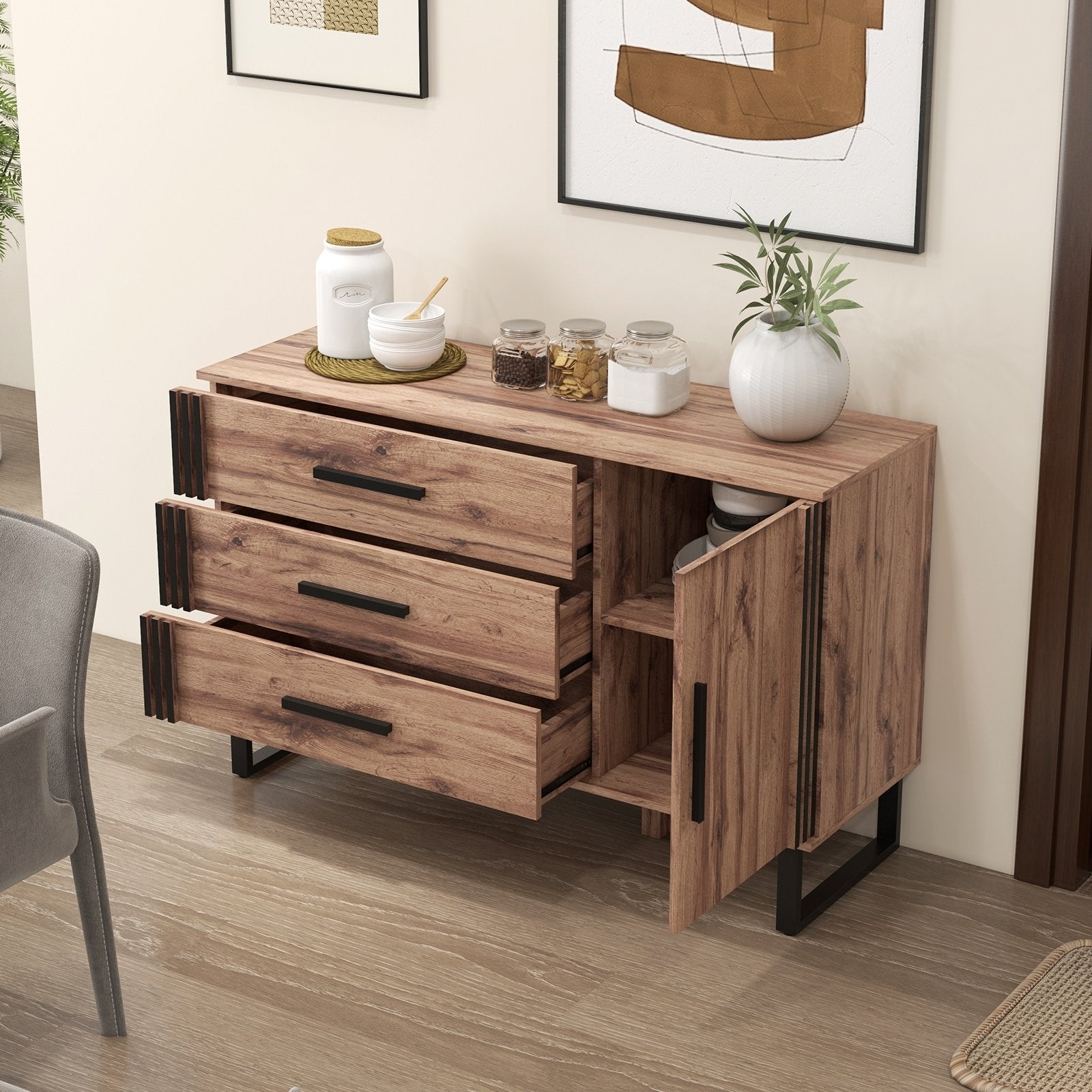 Sideboard Buffet Cabinet Credenza Storage Cabinet with 3 Drawers, Rustic Brown Sideboards Cabinets & Buffets   at Gallery Canada