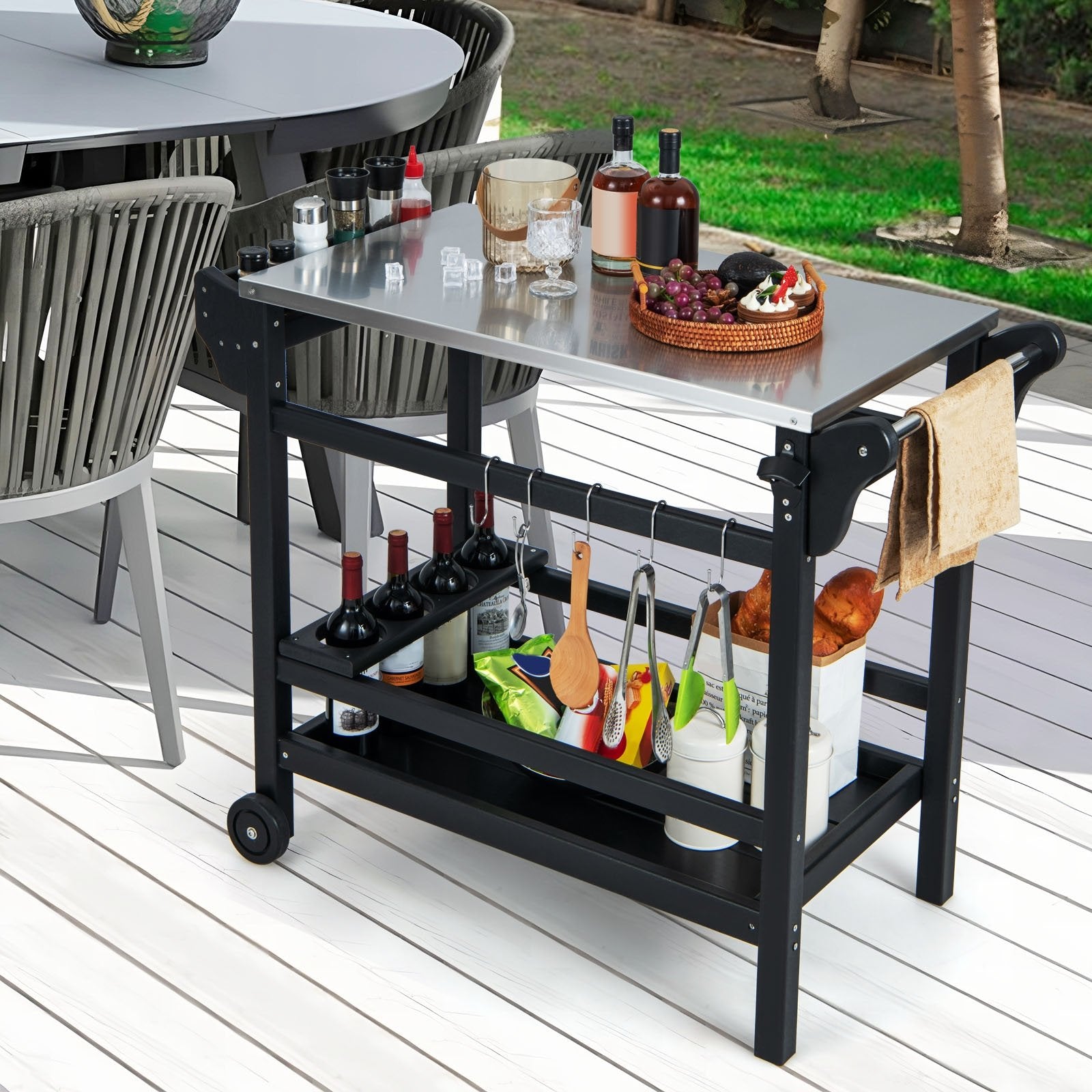 Movable Outdoor Dining Cart Table HDPE Pizza Oven Stand Table with Stainless Steel Tabletop, Black Outdoor Grills   at Gallery Canada