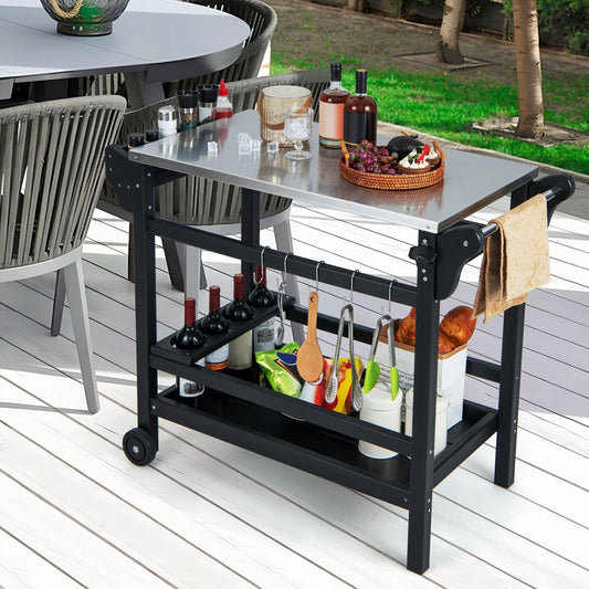 Movable Outdoor Dining Cart Table HDPE Pizza Oven Stand Table with Stainless Steel Tabletop, Black - Gallery Canada
