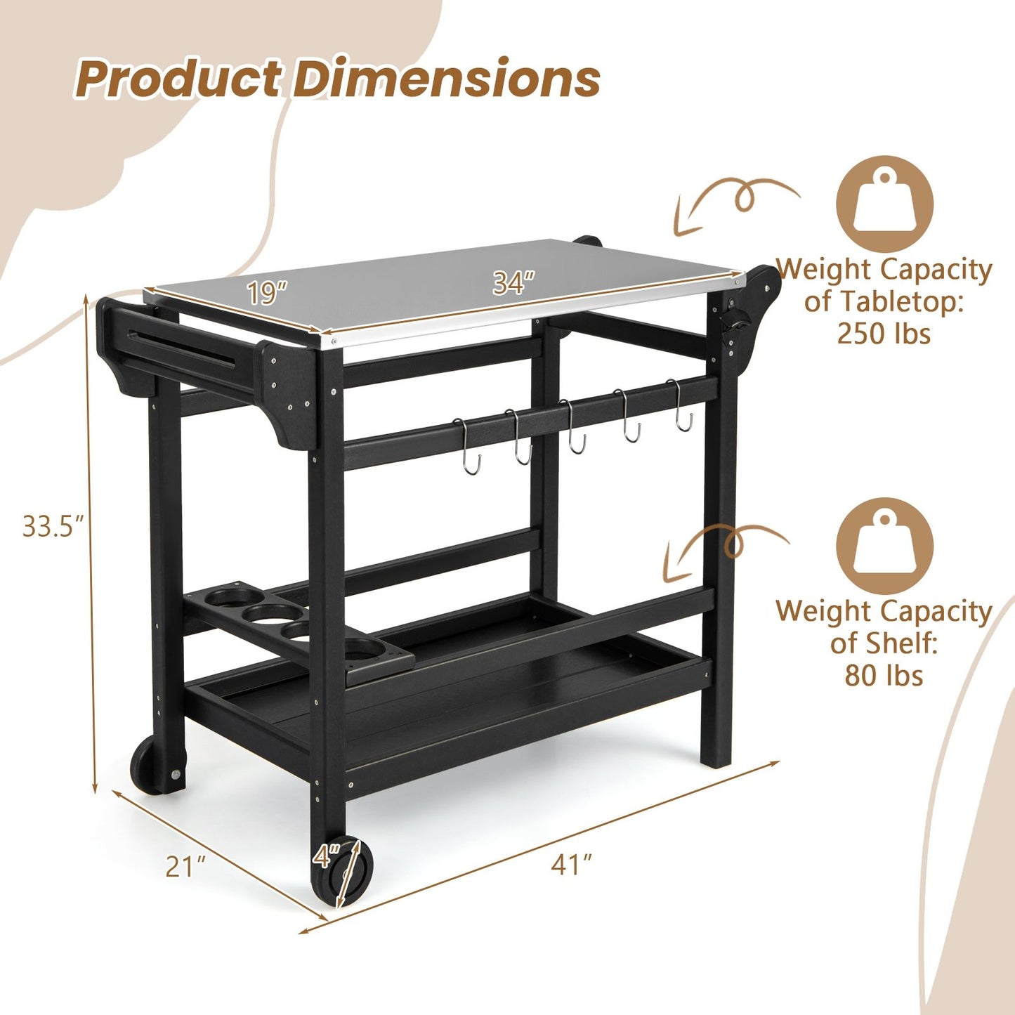 Movable Outdoor Dining Cart Table HDPE Pizza Oven Stand Table with Stainless Steel Tabletop, Black Outdoor Grills   at Gallery Canada