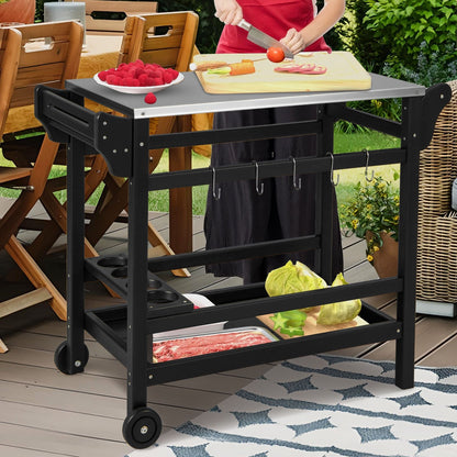 Movable Outdoor Dining Cart Table HDPE Pizza Oven Stand Table with Stainless Steel Tabletop, Black Outdoor Grills   at Gallery Canada