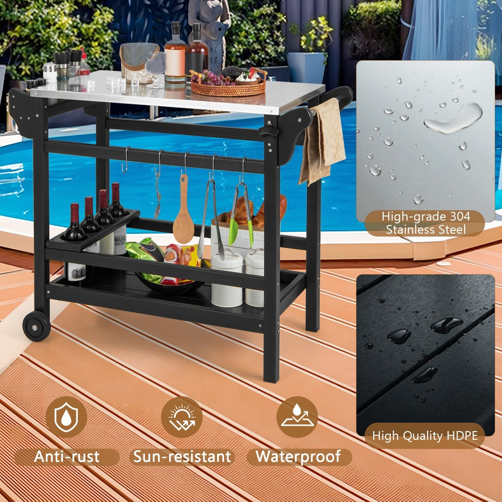 Movable Outdoor Dining Cart Table HDPE Pizza Oven Stand Table with Stainless Steel Tabletop, Black Outdoor Grills   at Gallery Canada