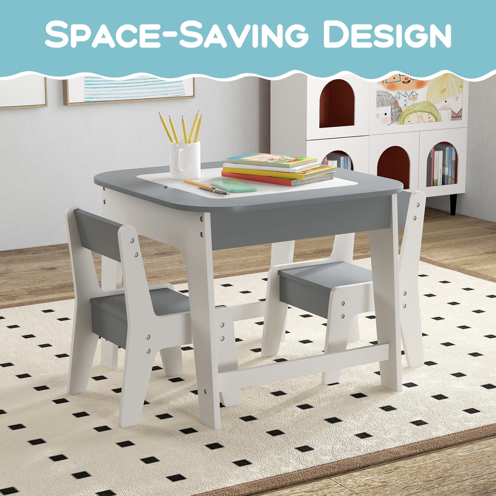 Kid's Table and Chairs Set with Double-sized Tabletop, Gray Kids Table & Chair Sets   at Gallery Canada