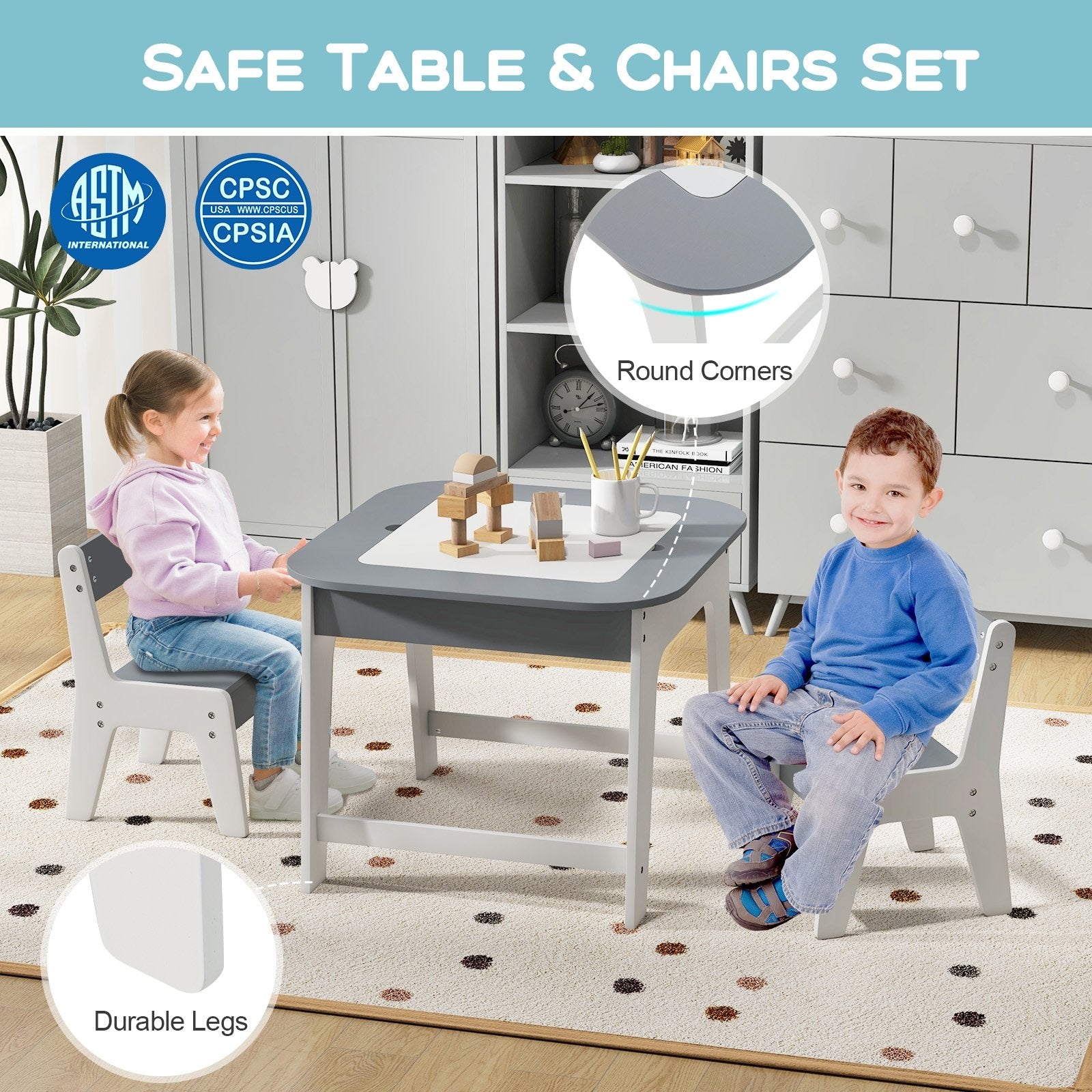 Kid's Table and Chairs Set with Double-sized Tabletop, Gray Kids Table & Chair Sets   at Gallery Canada