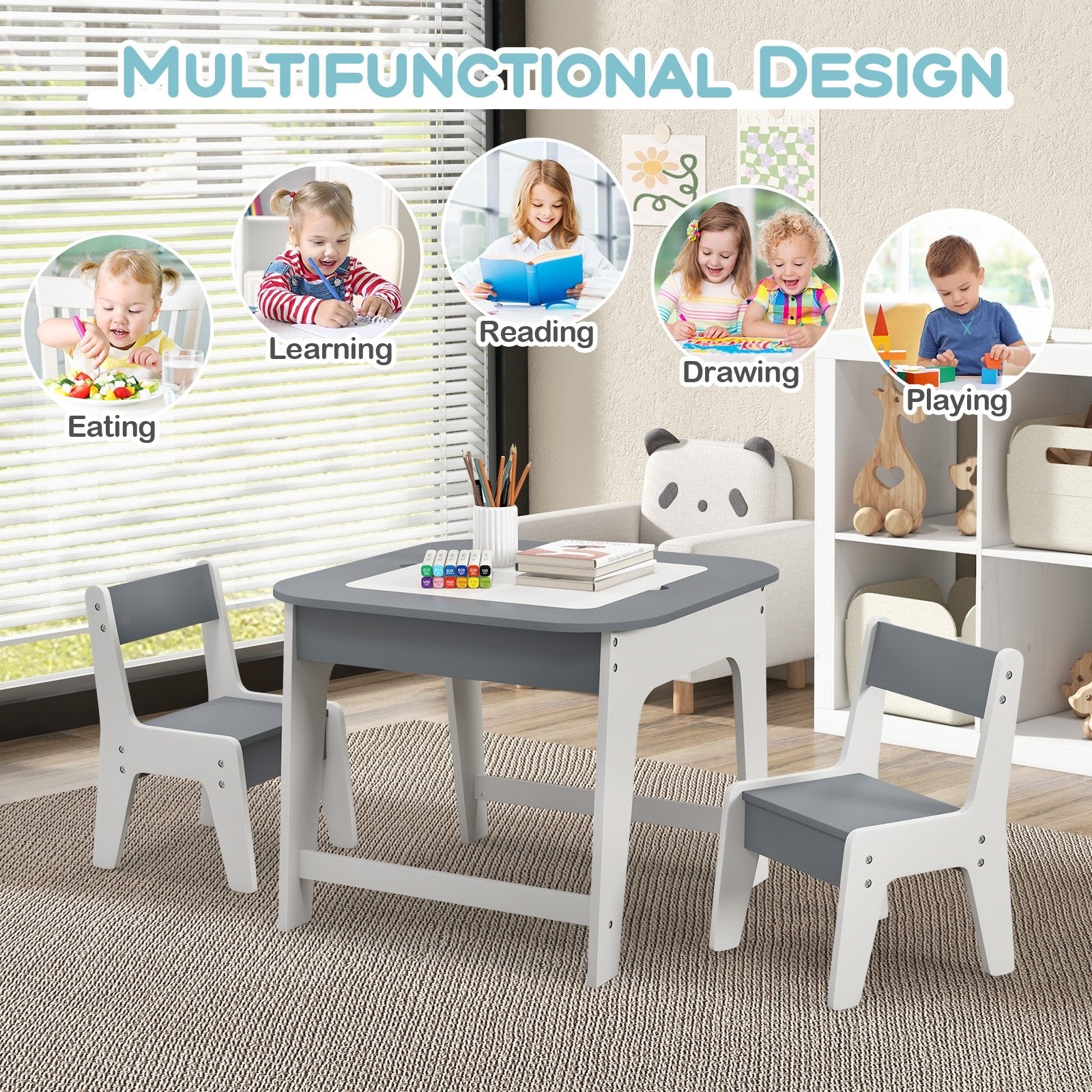 Kid's Table and Chairs Set with Double-sized Tabletop, Gray Kids Table & Chair Sets   at Gallery Canada