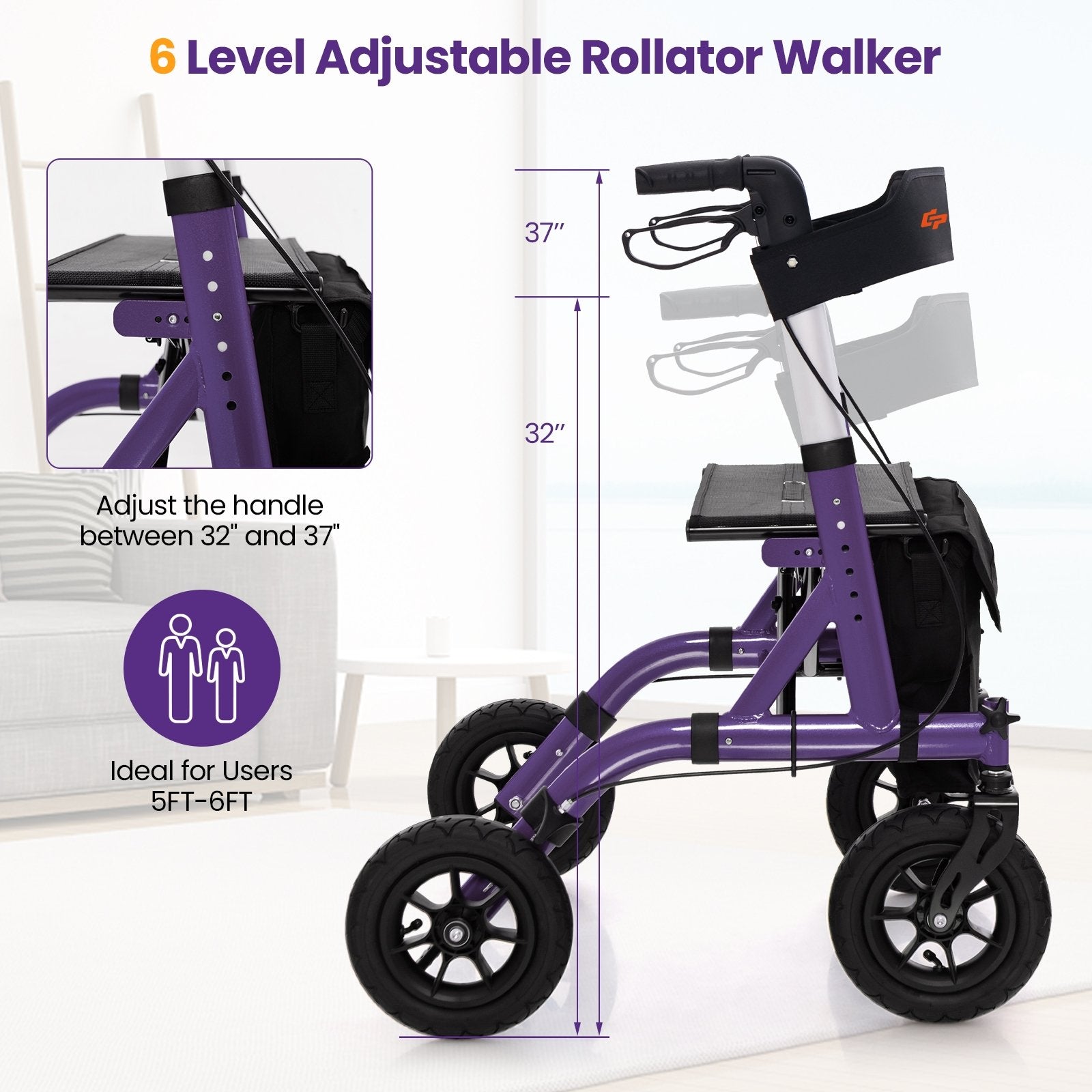 Height Adjustable Rollator Walker Foldable Rolling Walker with Seat for Seniors, Purple Walkers & Rollators   at Gallery Canada