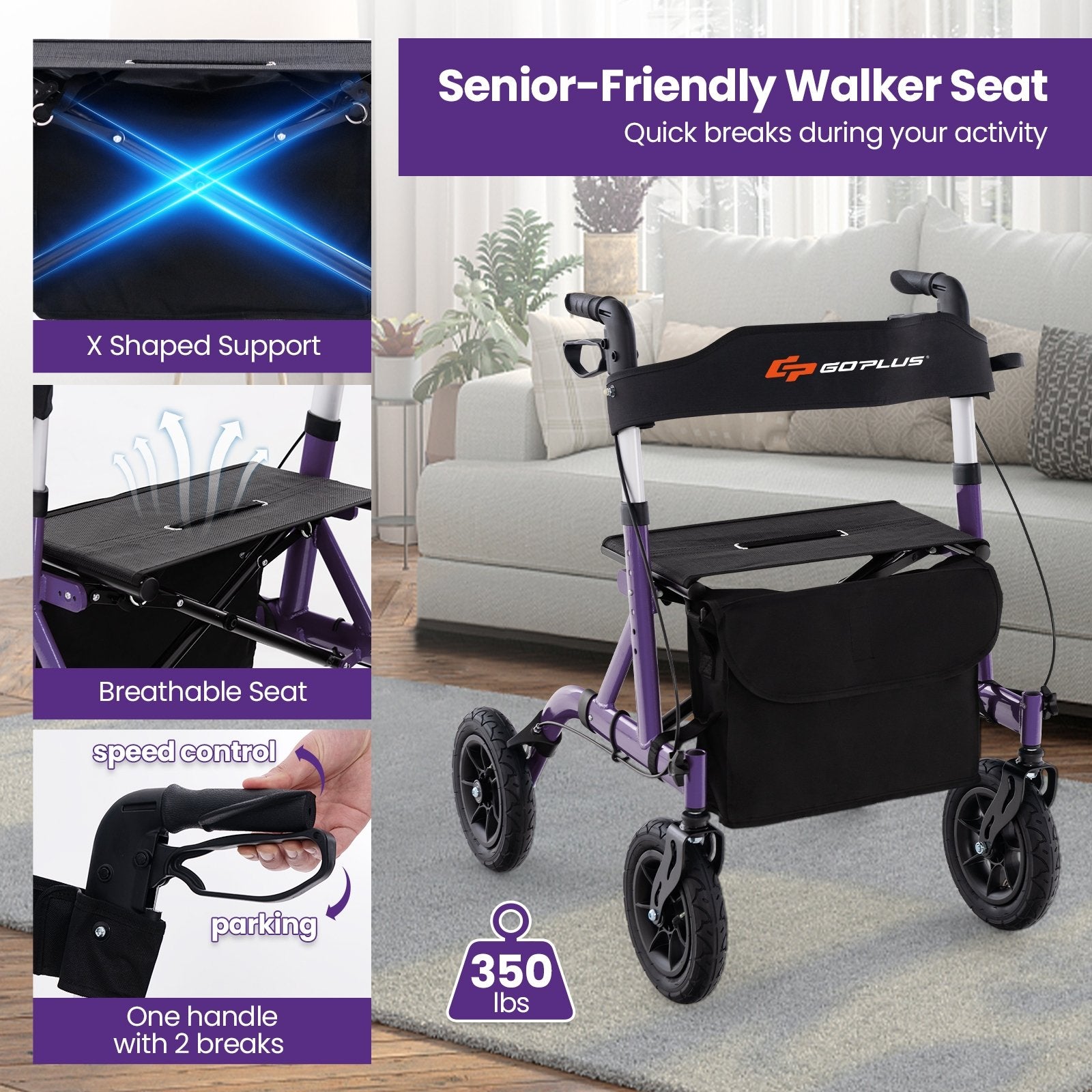 Height Adjustable Rollator Walker Foldable Rolling Walker with Seat for Seniors, Purple Walkers & Rollators   at Gallery Canada