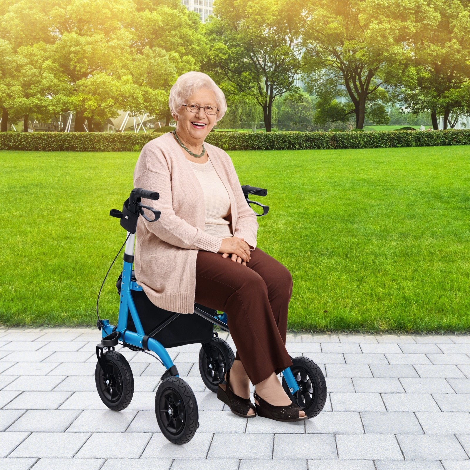 Height Adjustable Rollator Walker Foldable Rolling Walker with Seat for Seniors, Blue Walkers & Rollators   at Gallery Canada