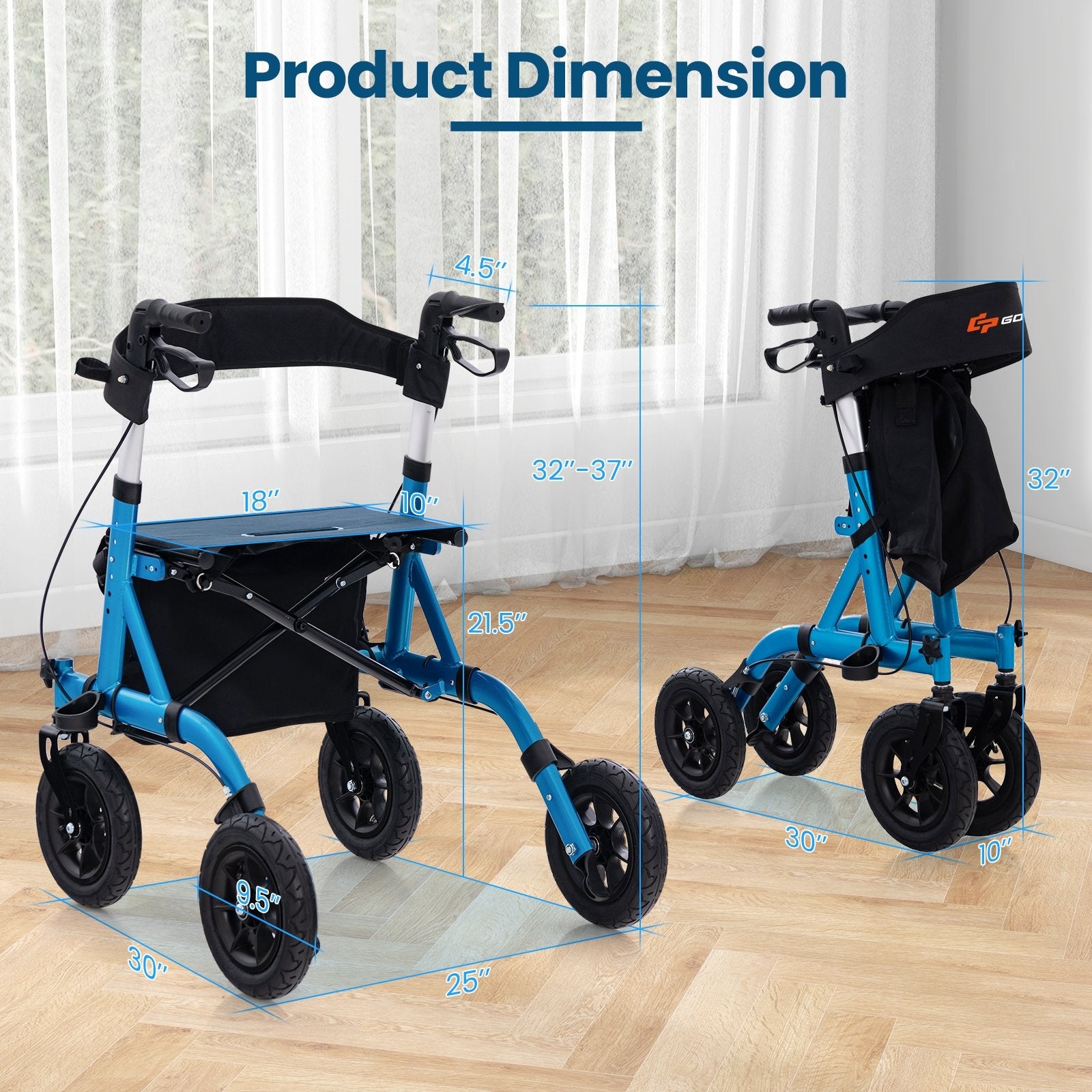 Height Adjustable Rollator Walker Foldable Rolling Walker with Seat for Seniors, Blue Walkers & Rollators   at Gallery Canada