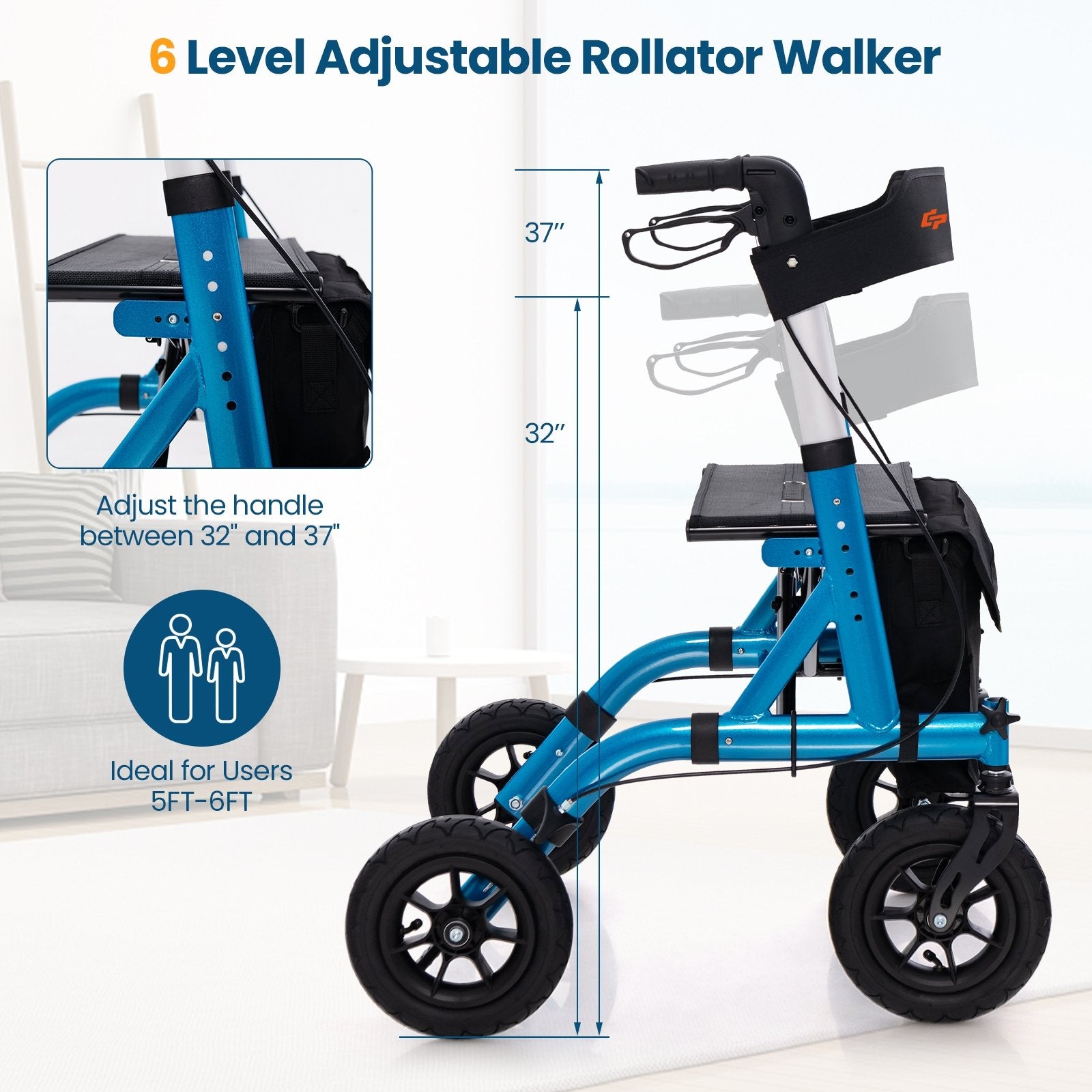 Height Adjustable Rollator Walker Foldable Rolling Walker with Seat for Seniors, Blue Walkers & Rollators   at Gallery Canada