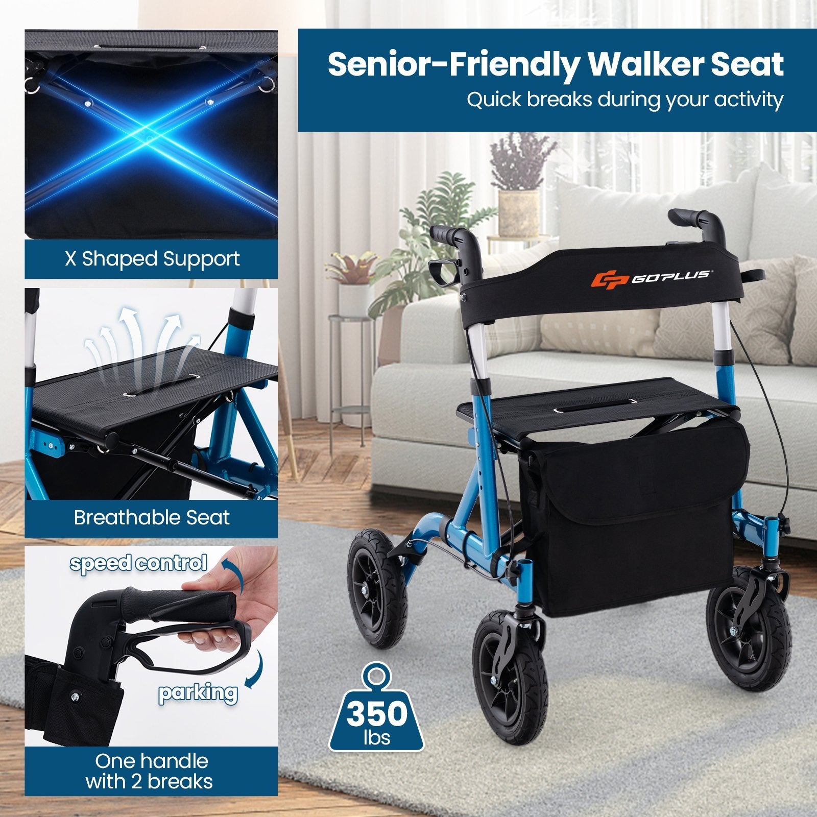 Height Adjustable Rollator Walker Foldable Rolling Walker with Seat for Seniors, Blue Walkers & Rollators   at Gallery Canada