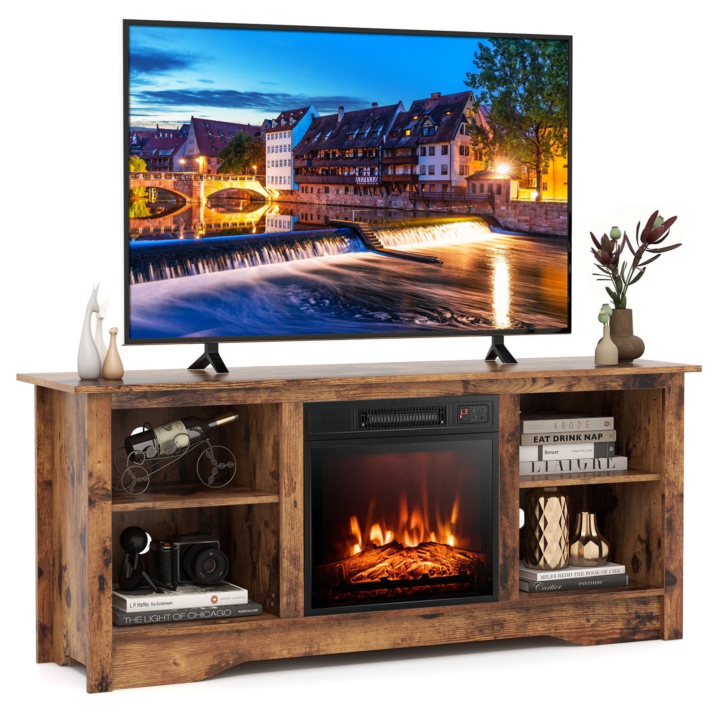 58 Inches TV Stand  for Flat Screen TVs Up to 65 Inches with 18 Inches Electric Fireplace Heater, Rustic Brown Entertainment Centers & TV Stands   at Gallery Canada