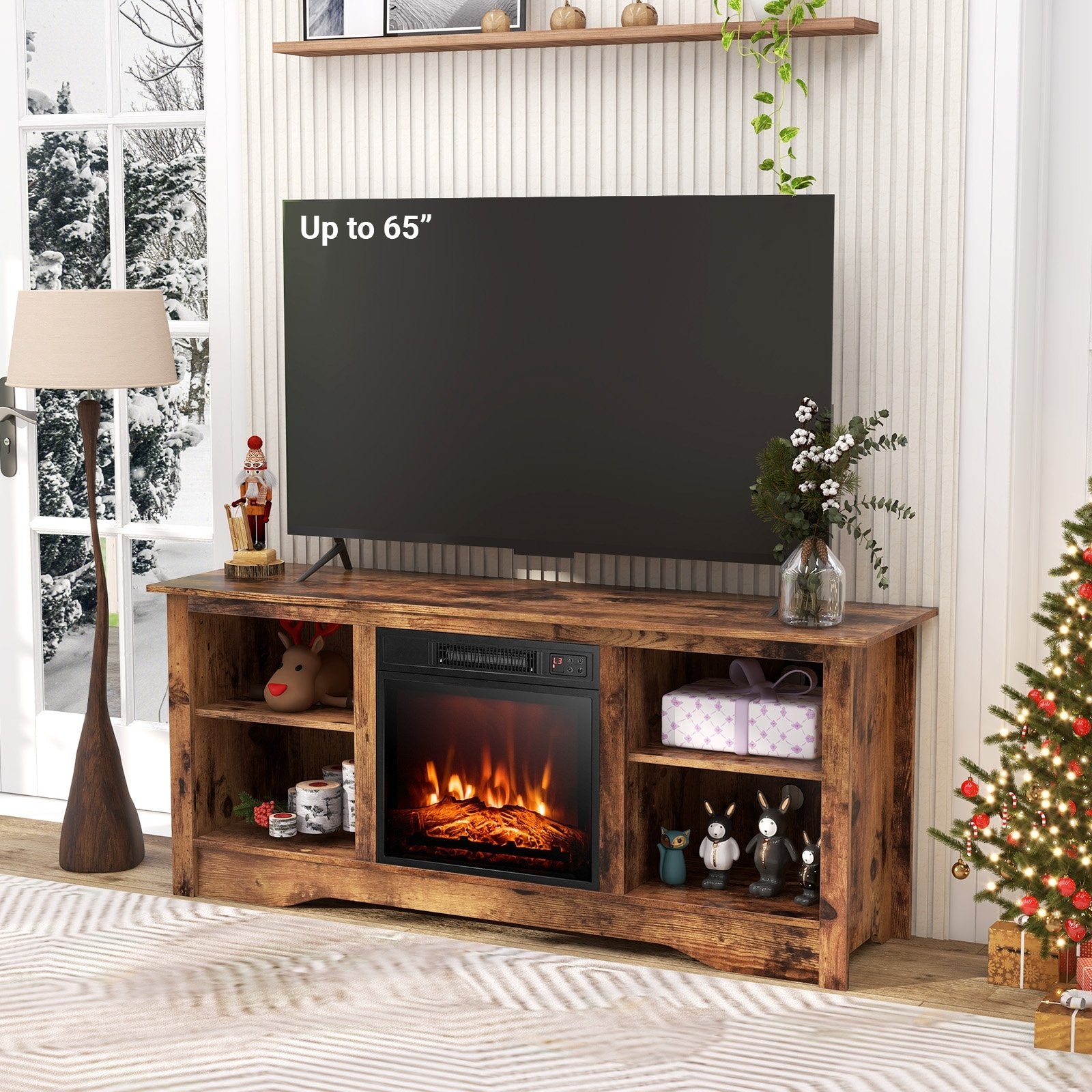 58 Inches TV Stand  for Flat Screen TVs Up to 65 Inches with 18 Inches Electric Fireplace Heater, Rustic Brown Entertainment Centers & TV Stands   at Gallery Canada