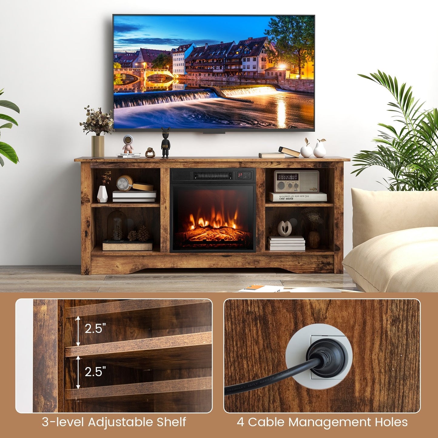 58 Inches TV Stand  for Flat Screen TVs Up to 65 Inches with 18 Inches Electric Fireplace Heater, Rustic Brown Entertainment Centers & TV Stands   at Gallery Canada