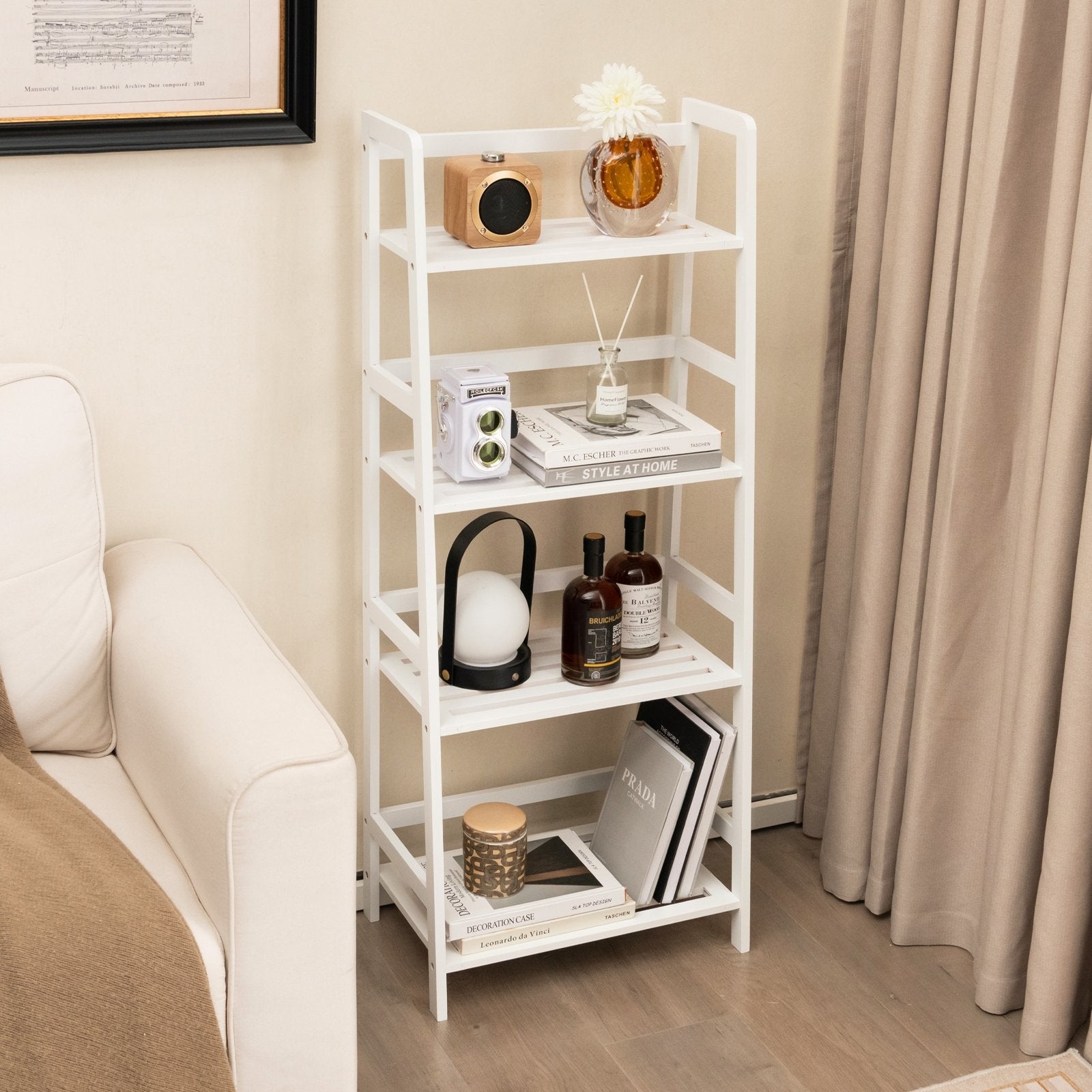 47.5 Inch 4-Tier Multifunctional Bamboo Bookcase Storage Stand Rack, White Bookcases   at Gallery Canada