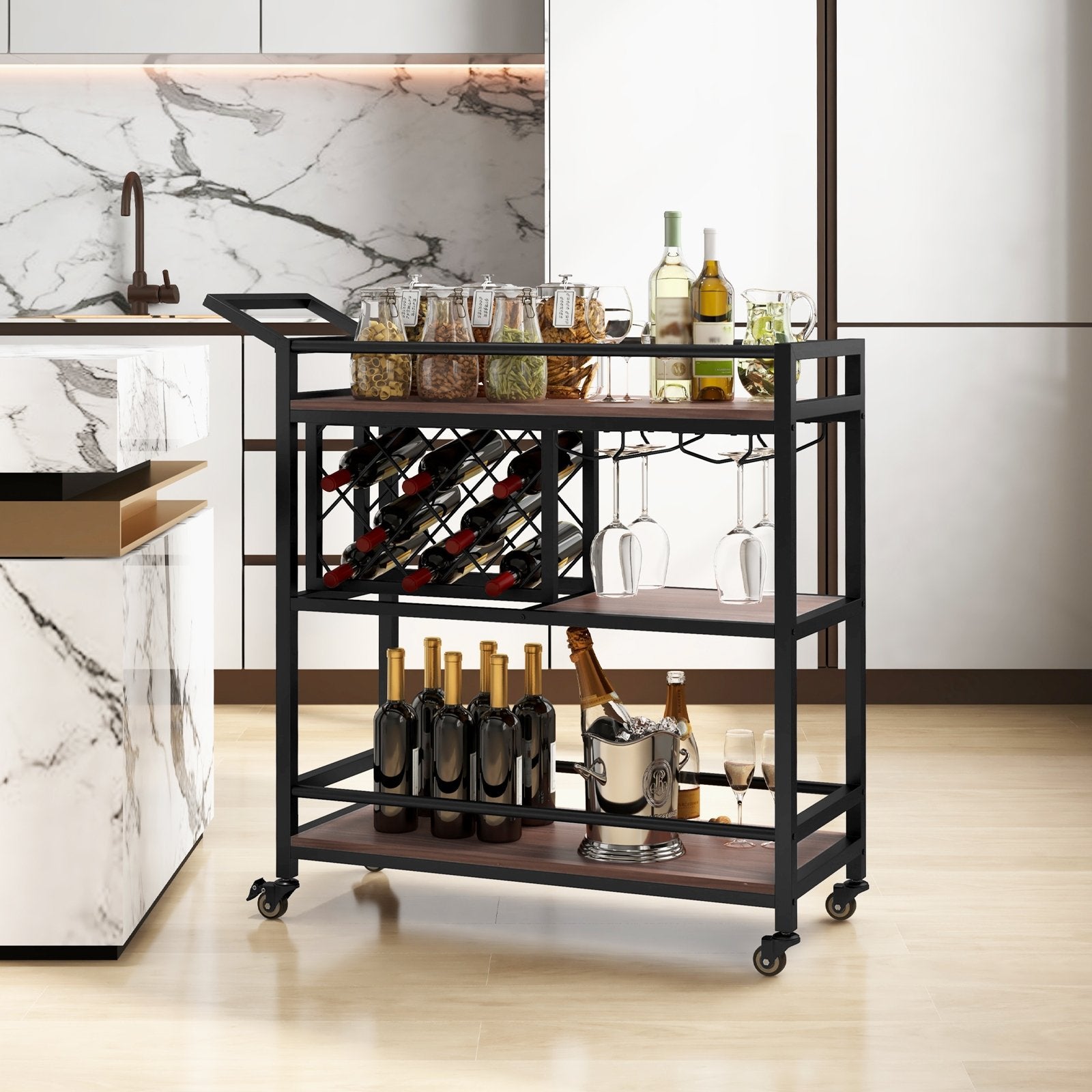 3-tier Bar Cart on Wheels Home Kitchen Serving Cart with Wine Rack and Glasses Holder, Brown Kitchen Islands & Carts   at Gallery Canada