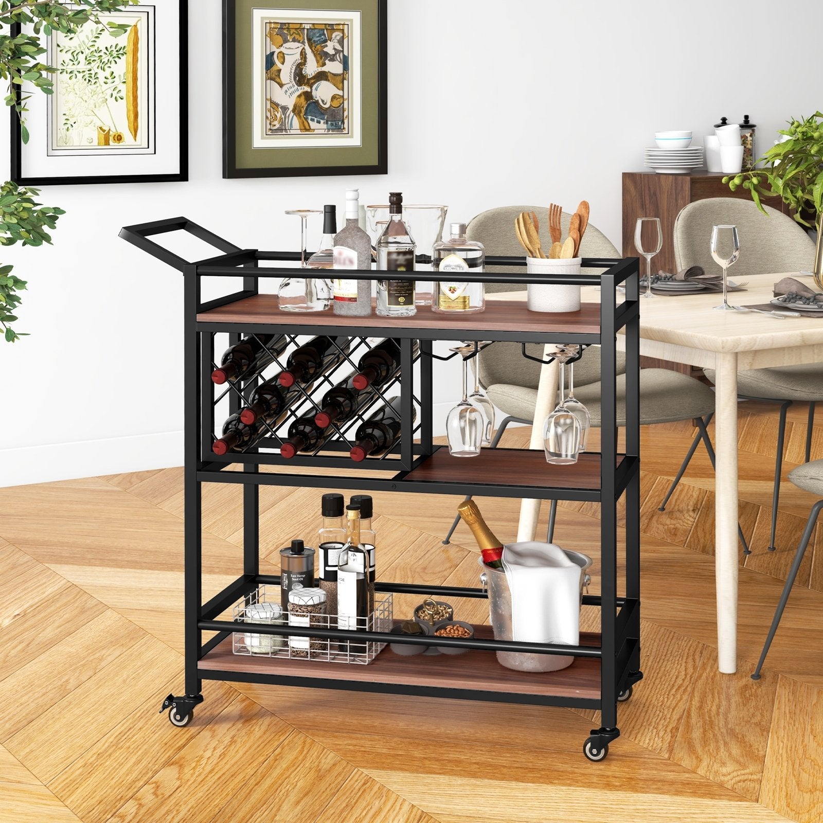 3-tier Bar Cart on Wheels Home Kitchen Serving Cart with Wine Rack and Glasses Holder, Brown Kitchen Islands & Carts   at Gallery Canada