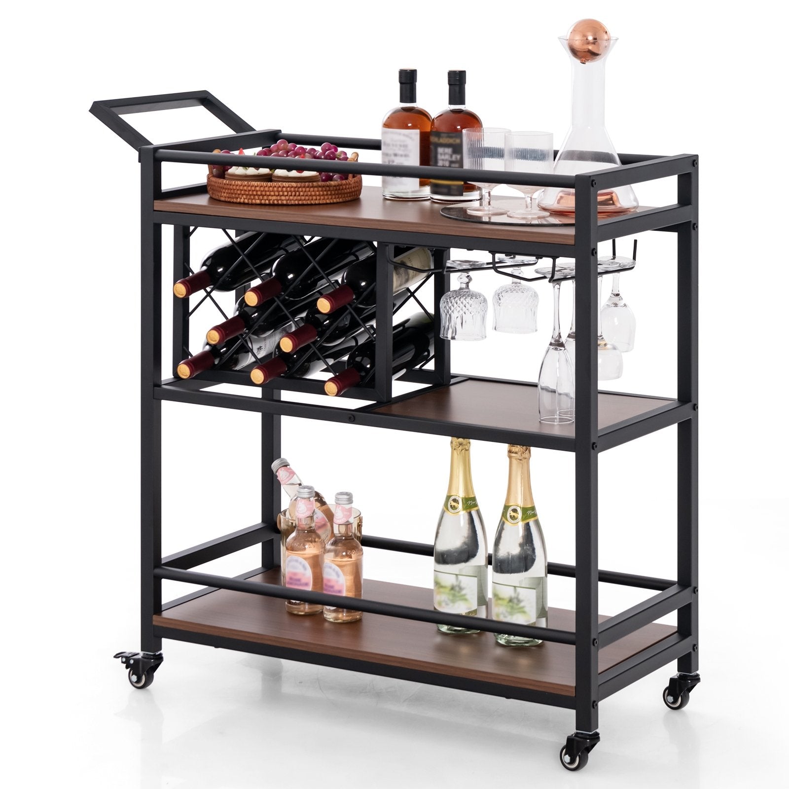 3-tier Bar Cart on Wheels Home Kitchen Serving Cart with Wine Rack and Glasses Holder, Brown Kitchen Islands & Carts   at Gallery Canada