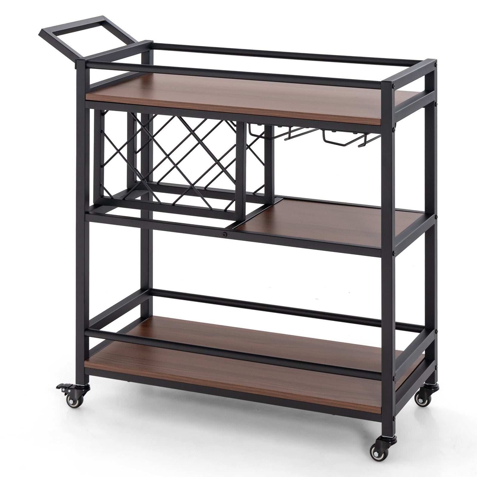 3-tier Bar Cart on Wheels Home Kitchen Serving Cart with Wine Rack and Glasses Holder, Brown Kitchen Islands & Carts   at Gallery Canada